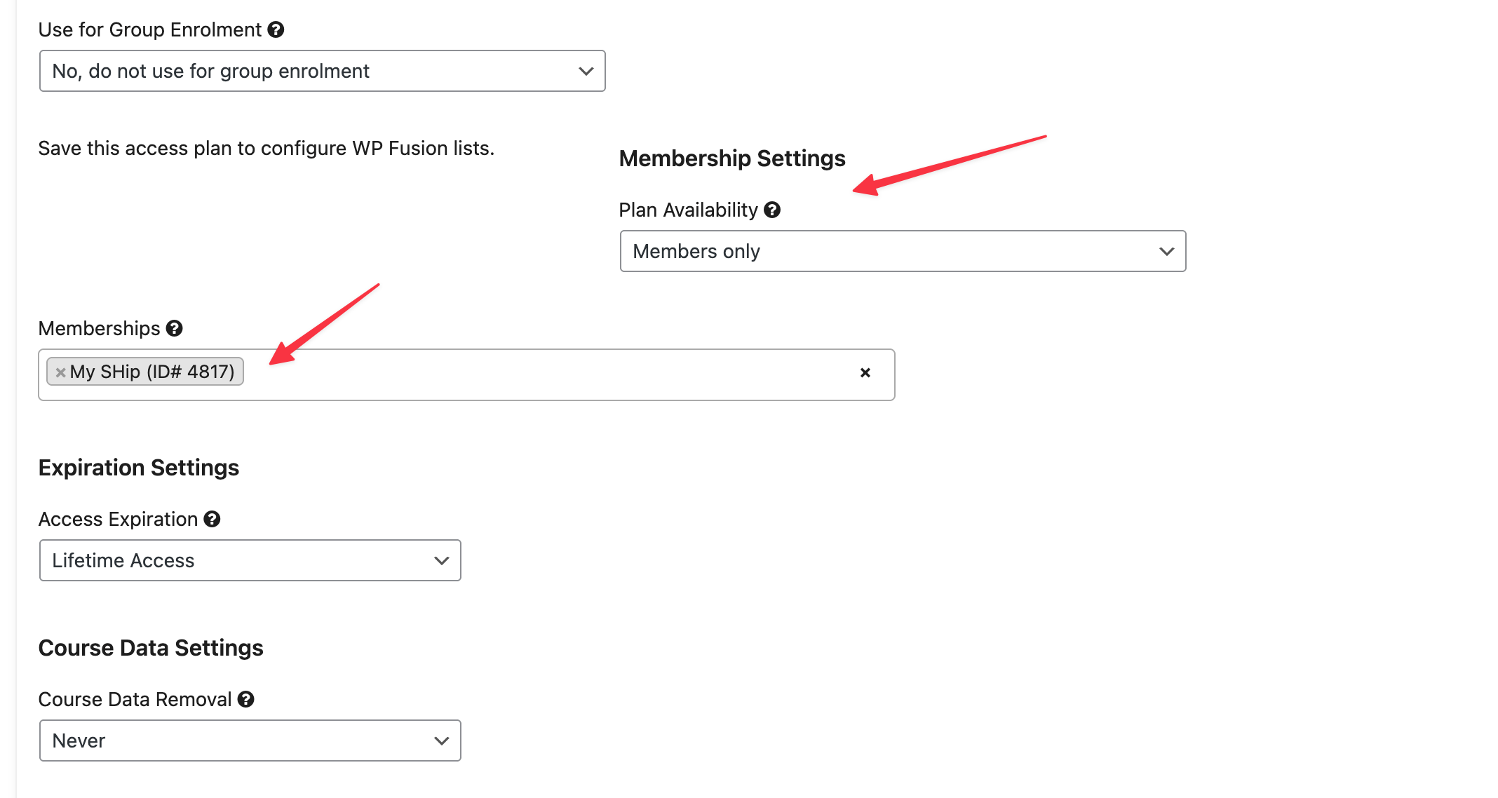 Screenshot of LifterLMS course access plan settings showing a course restricted to members-only access within a membership bundle.