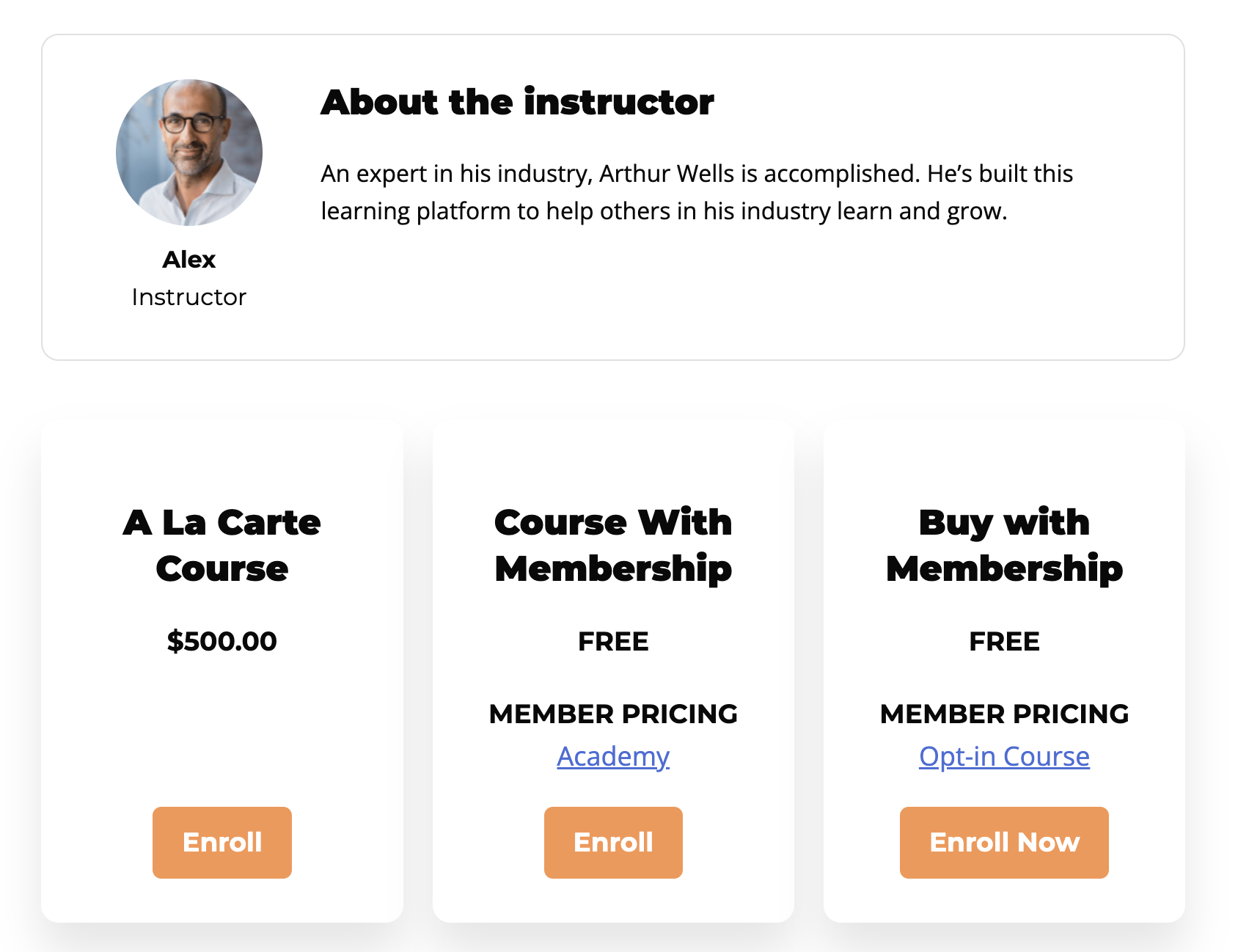 Example course sales page displaying multiple enrolment options including standalone purchase and membership-based access plans.