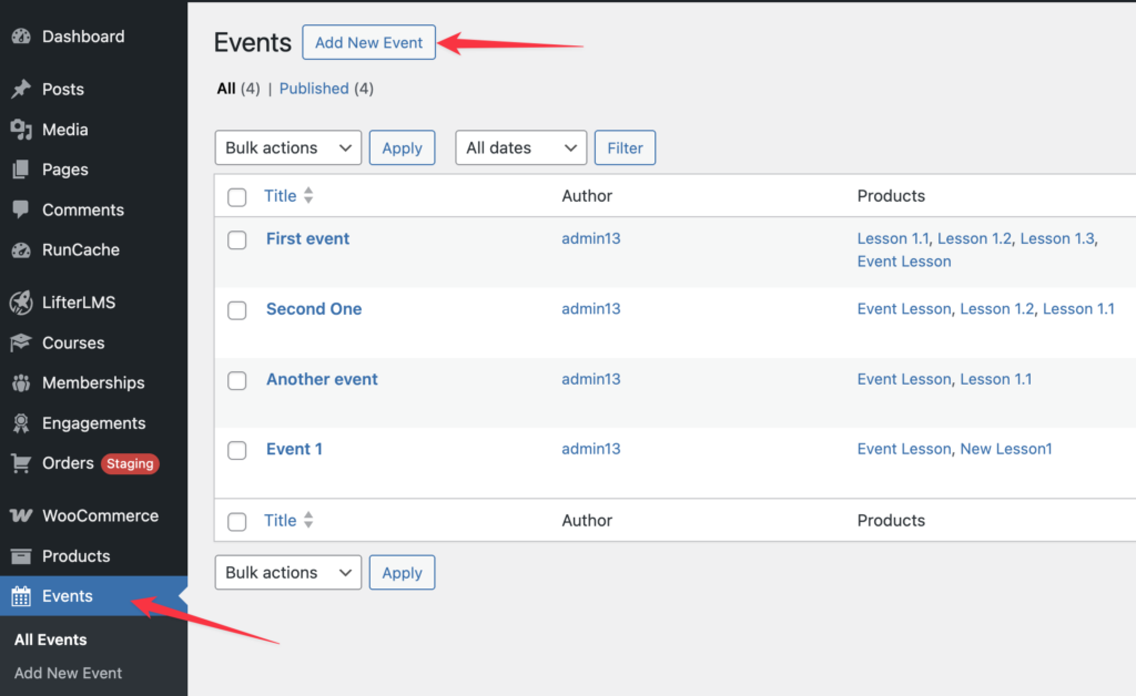 Events list in LifterLMS