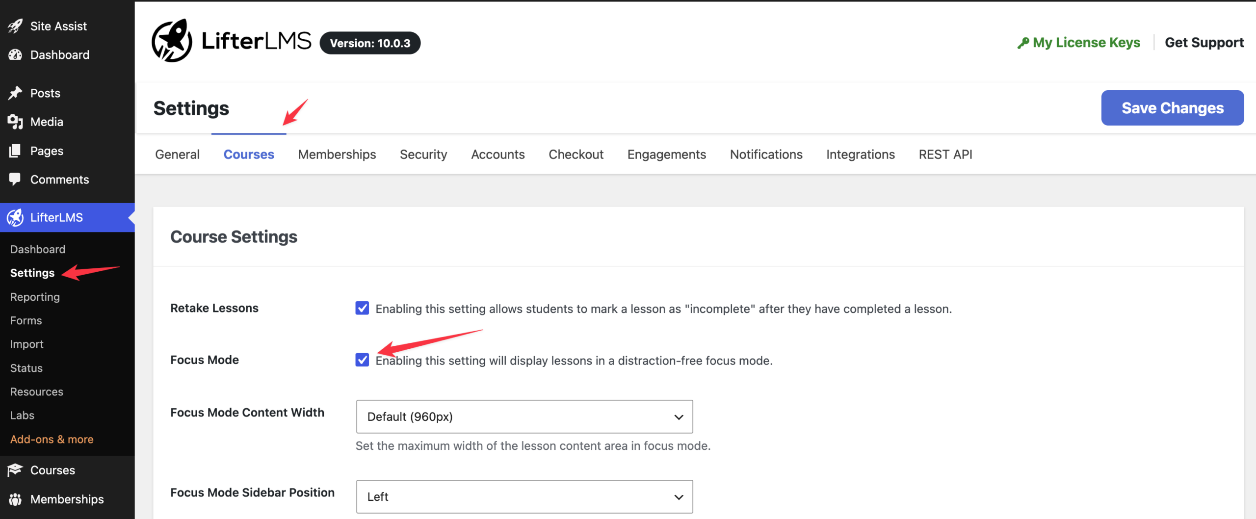 LifterLMS settings screen showing the Focus Mode checkbox under the Course Settings section.