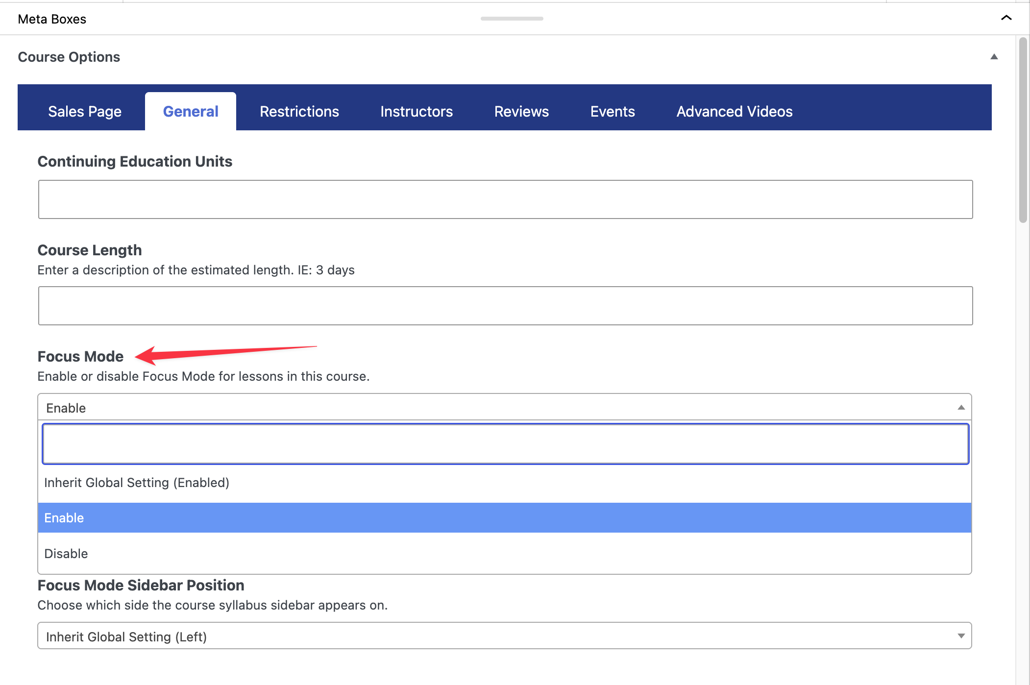 LifterLMS Course Options panel showing the Focus Mode dropdown for an individual course, with options to enable, disable, or inherit the global setting.