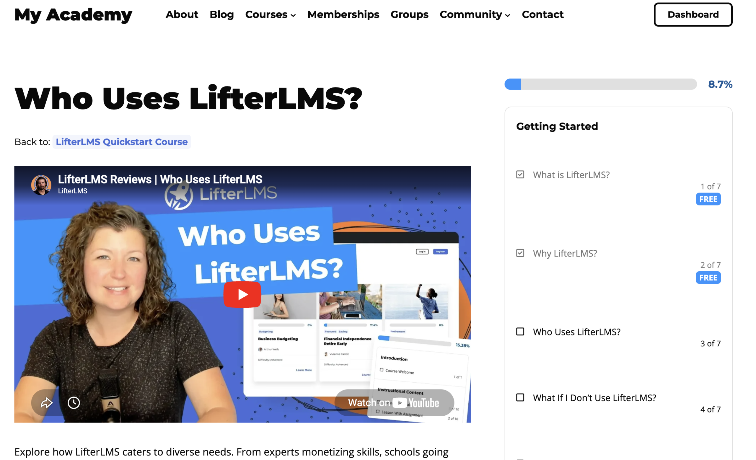 Standard LifterLMS lesson layout showing a video lesson with the main site navigation and course progress sidebar visible.