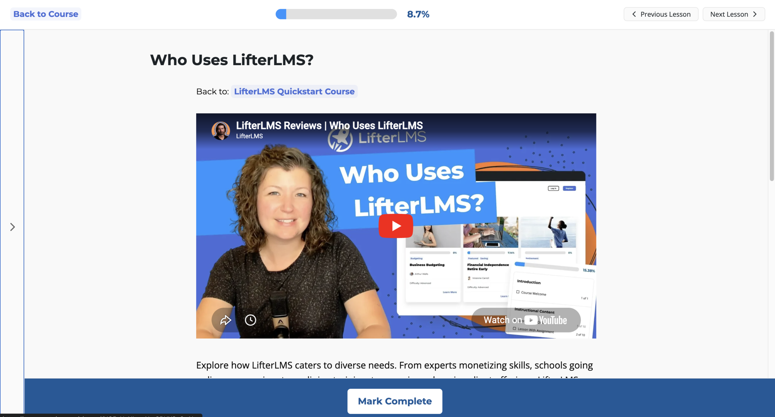 LifterLMS Focus Mode lesson view showing the same video lesson with the main navigation removed and course navigation simplified.