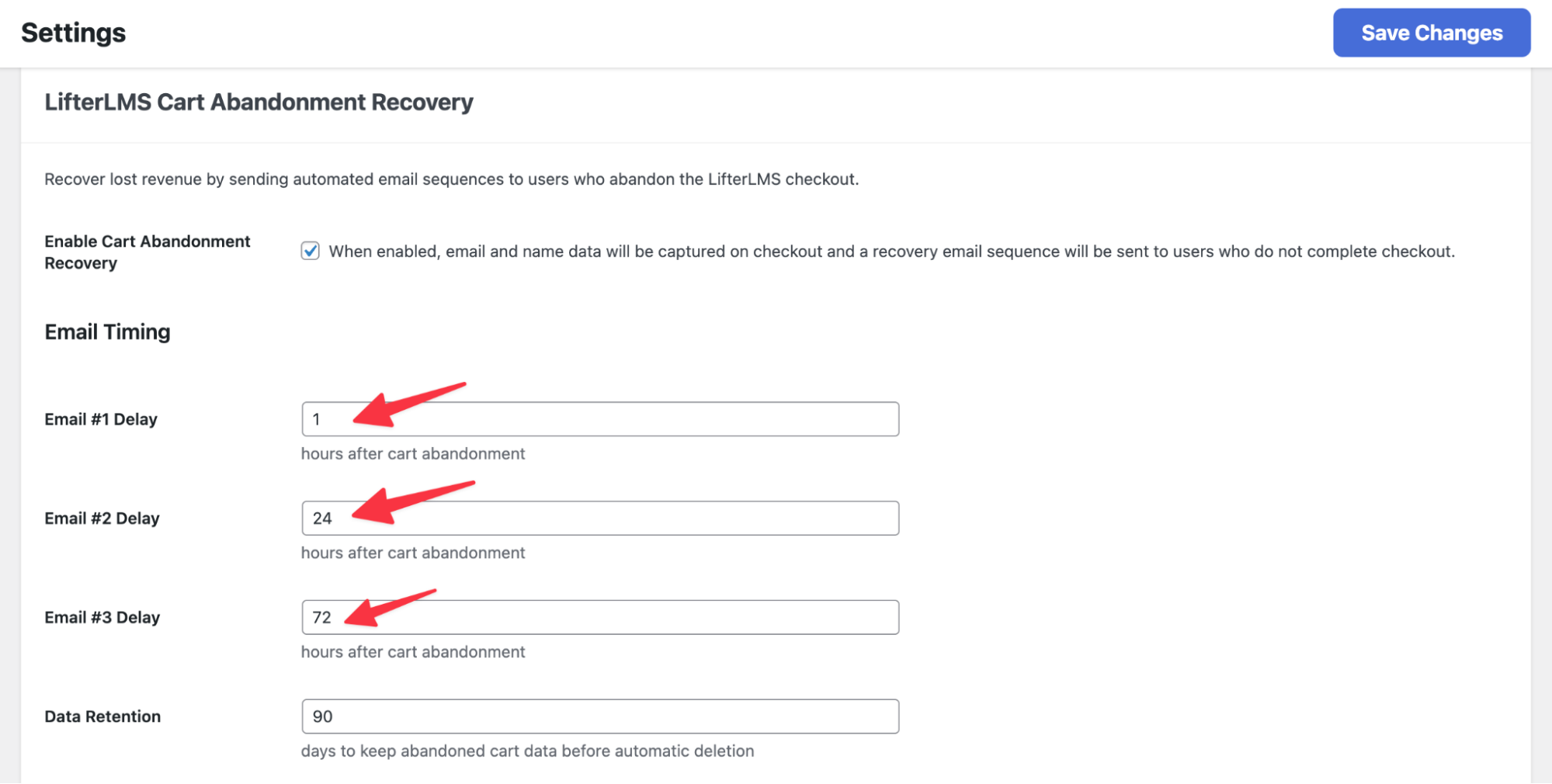 Cart Abandonment Recovery email timing settings showing delays for three reminder emails