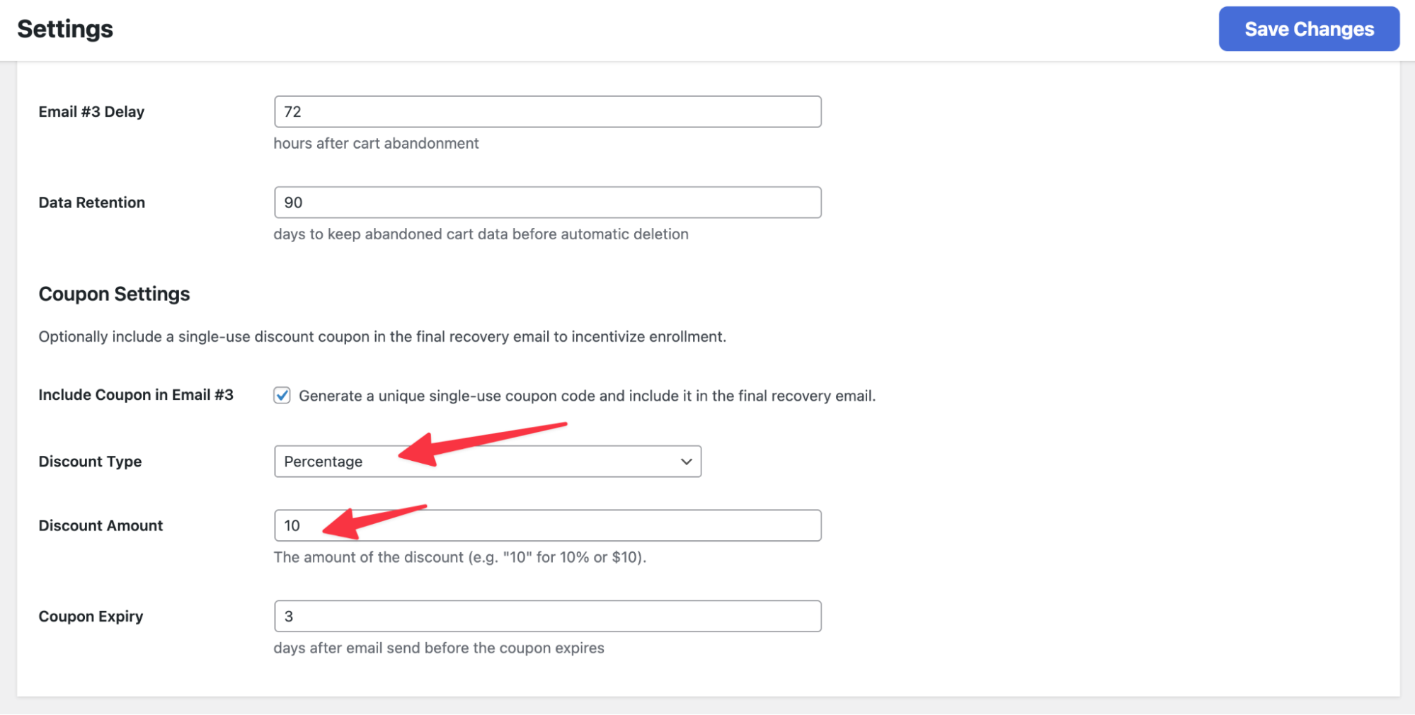 Coupon settings for Cart Abandonment Recovery with percentage discount and expiry options configured