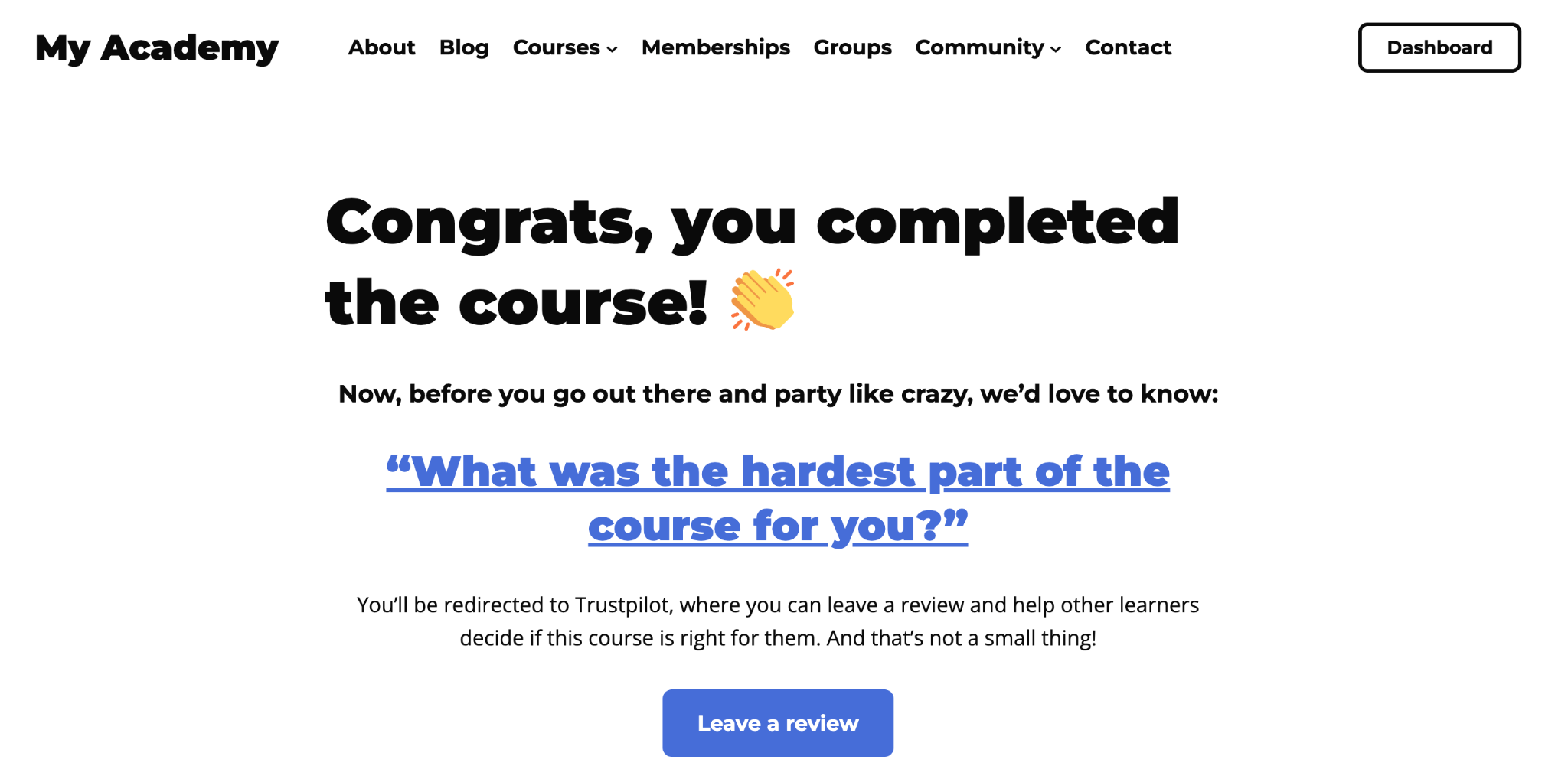 Example of a course completion page asking learners to leave a review on Trustpilot, with a prominent review button