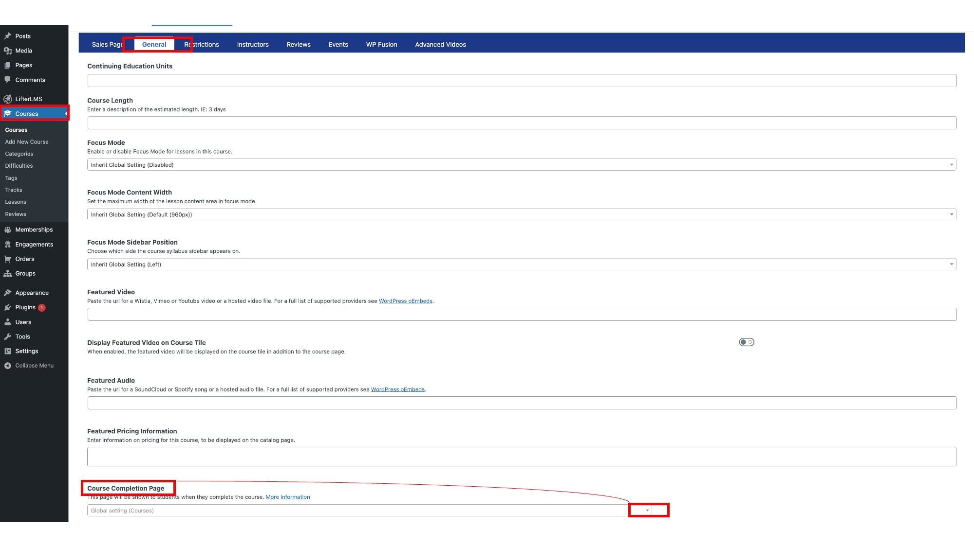 Screenshot of the course-level completion page setting on an individual course edit screen, Course Options General tab with the Completion Page dropdown highlighted