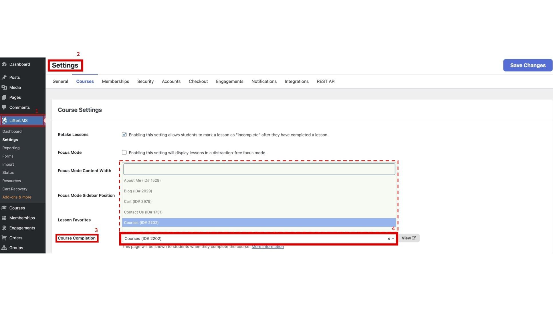 Screenshot of the global default completion page setting in LifterLMS Settings under the Courses tab, with the Course Completion dropdown highlighted