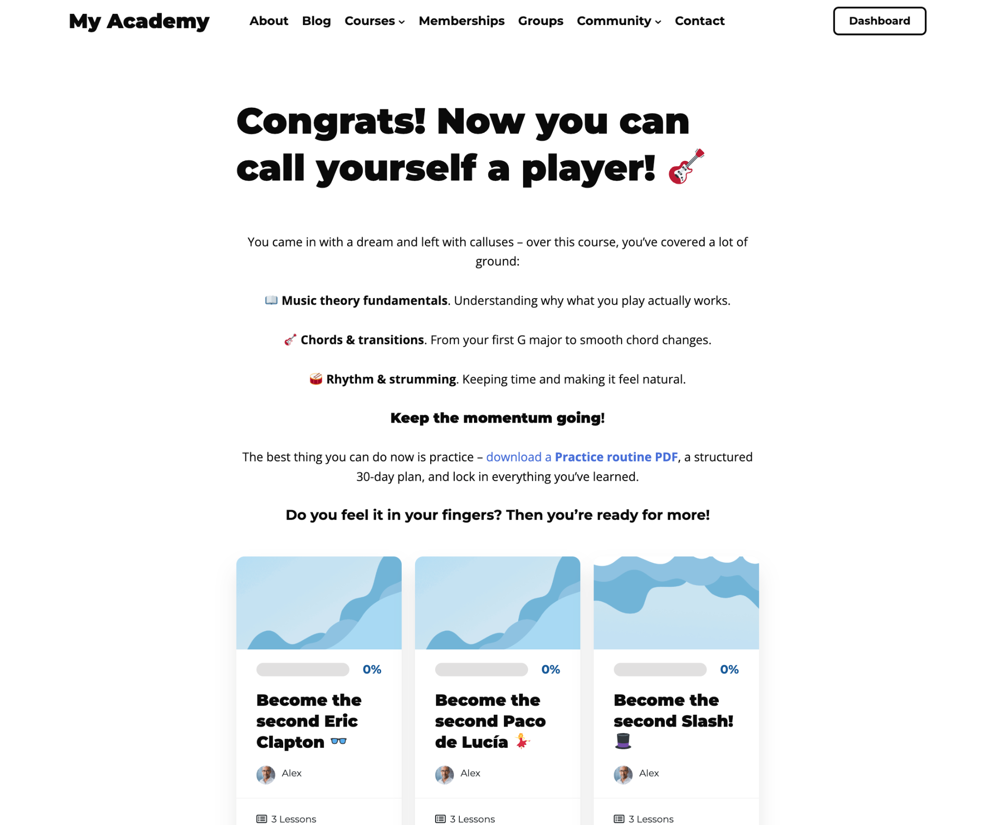 Example of a completion page that recaps what was learned and showcases the course catalog with recommended next courses