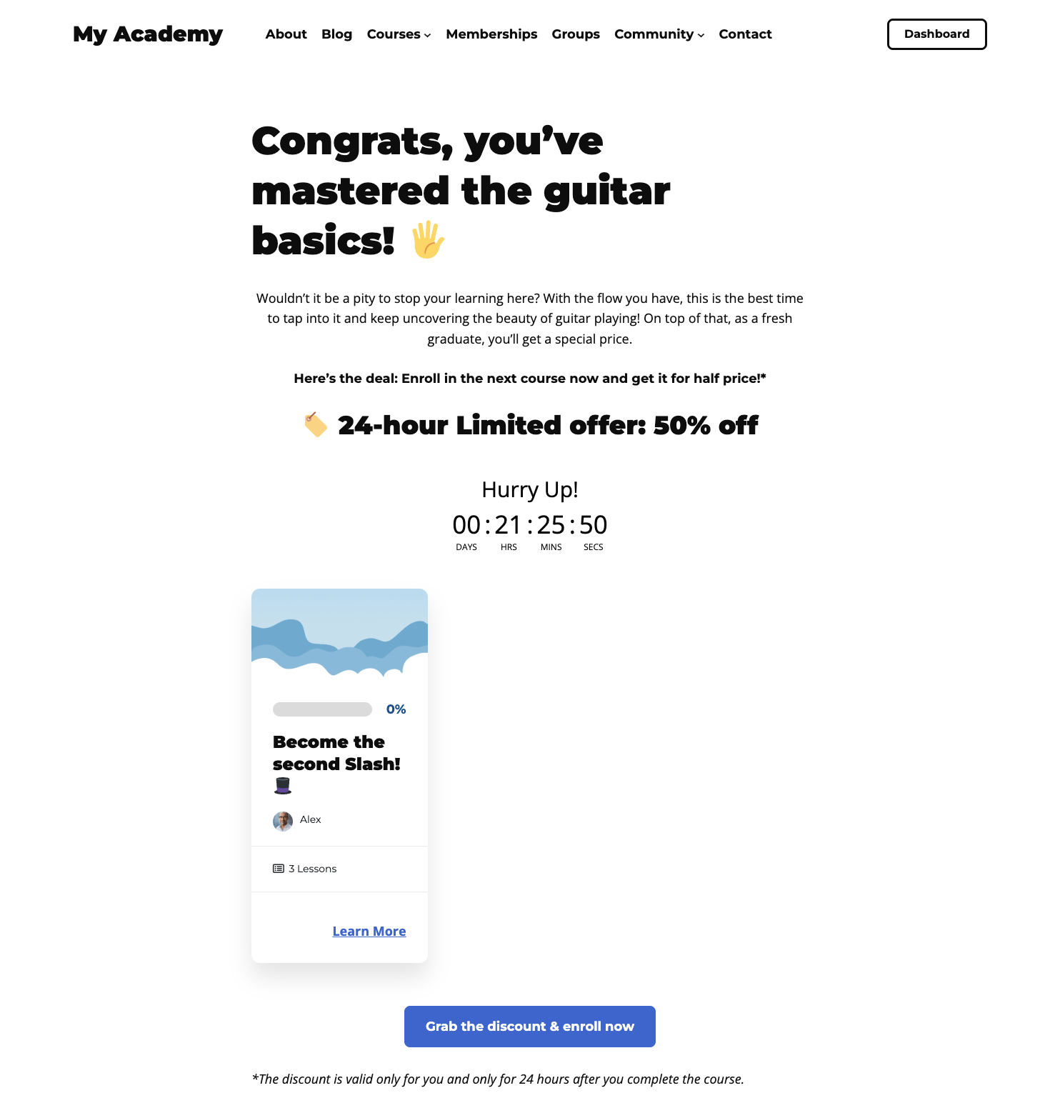 Example of a completion page with a time-limited upsell offer for the next course at 50% off, including a countdown timer