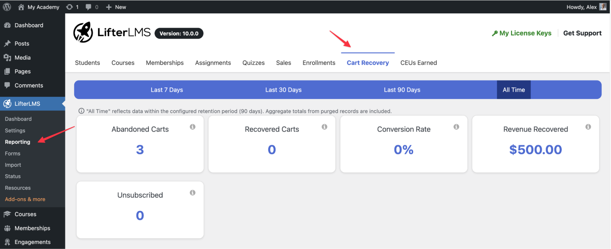 LifterLMS Cart Recovery reporting dashboard showing recovered revenue and conversion statistics