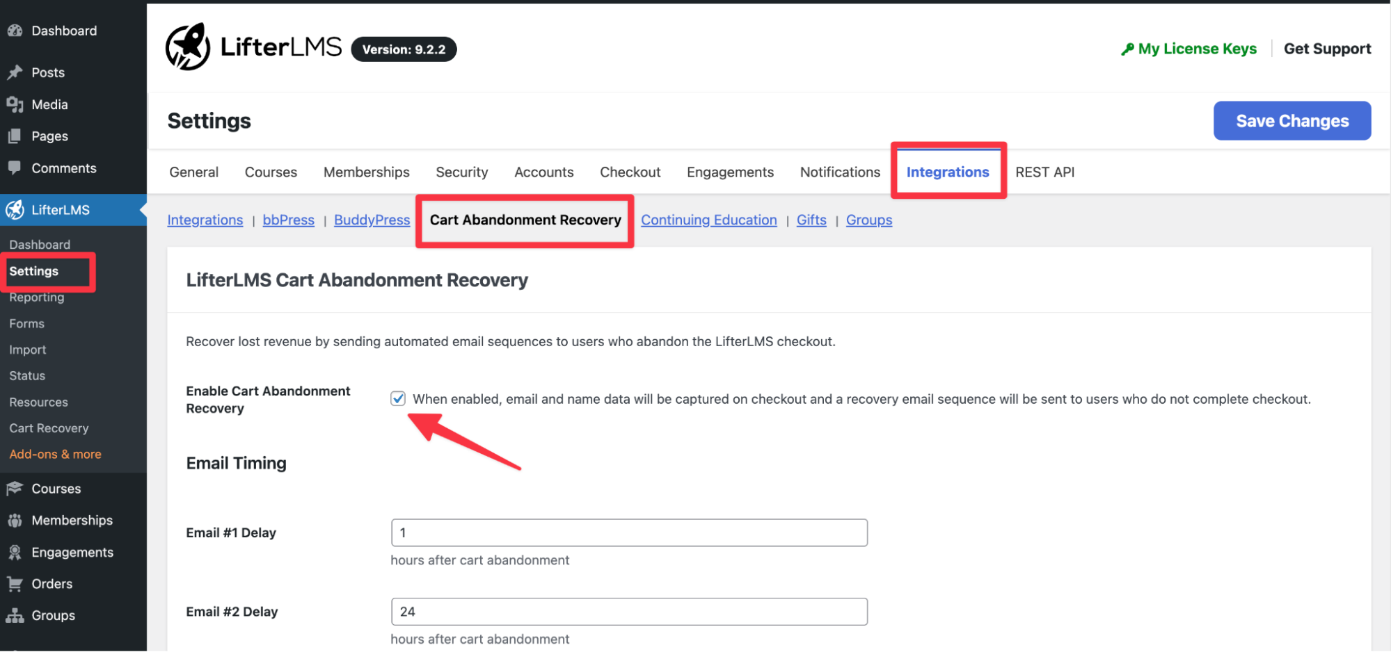 LifterLMS Integrations settings with Enable Cart Abandonment Recovery option enabled