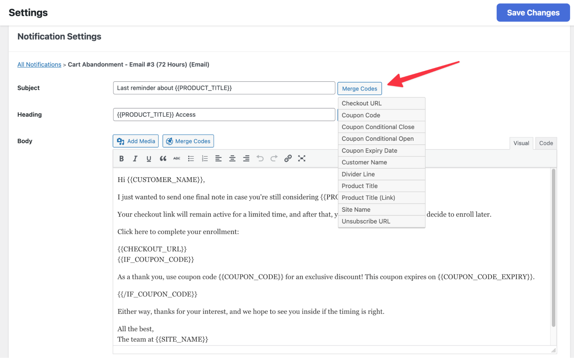 LifterLMS Notifications settings showing Cart Abandonment recovery email templates