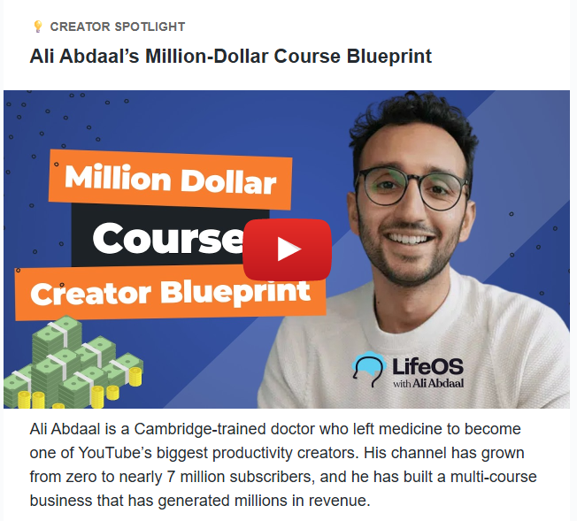 Screenshot of a LifterLMS creator spotlight featuring Ali Abdaal’s course business and YouTube audience growth.