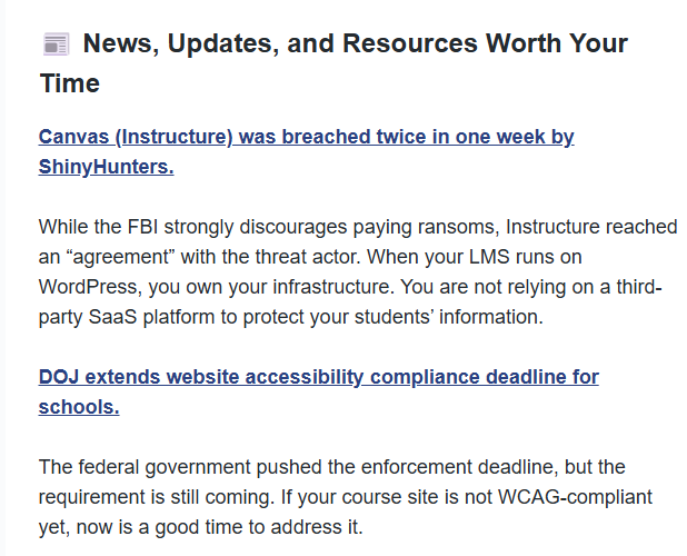 Screenshot of the LifterLMS newsletter section “News, Updates, and Resources Worth Your Time,” linking to relevant online learning and course business updates.