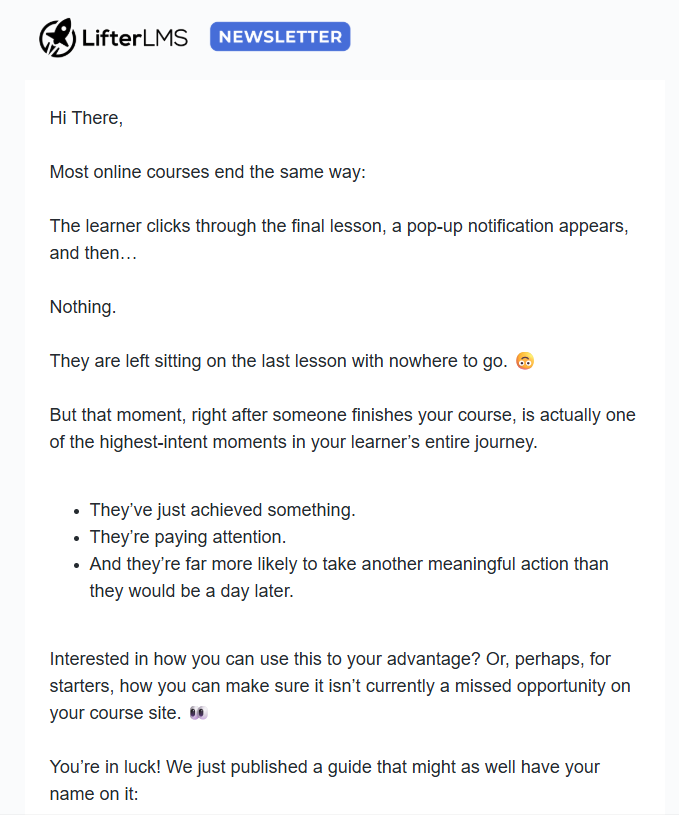 Screenshot of a LifterLMS newsletter issue discussing how course creators can make better use of the moment when a learner completes a course.