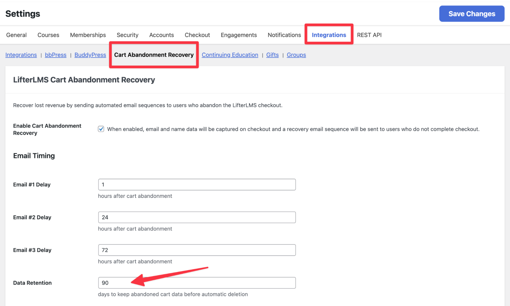 Recovery email editor with customizable subject line, heading, and body content fields