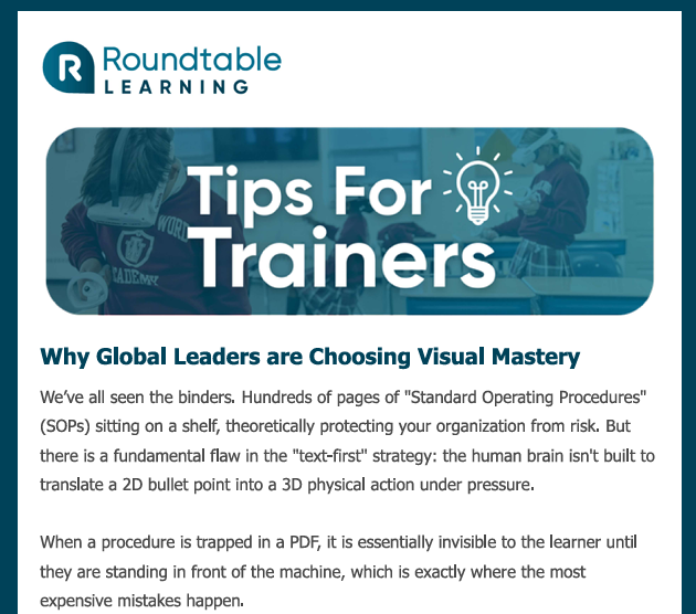 Screenshot of a Roundtable Learning newsletter about visual mastery and using training design to improve procedural learning.