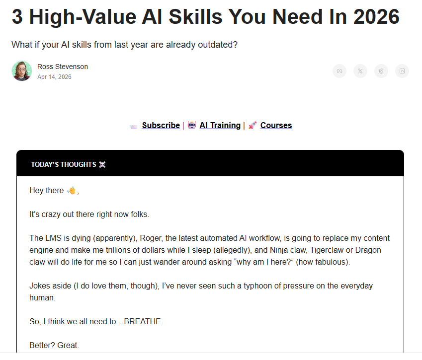 Screenshot of Ross Stevenson’s Steal These Thoughts newsletter issue, “3 High-Value AI Skills You Need in 2026,” discussing how L&D professionals can adapt to AI-driven change.
