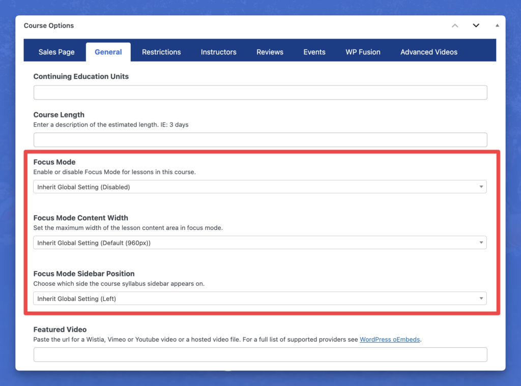 Focus Mode Course-Specific Settings