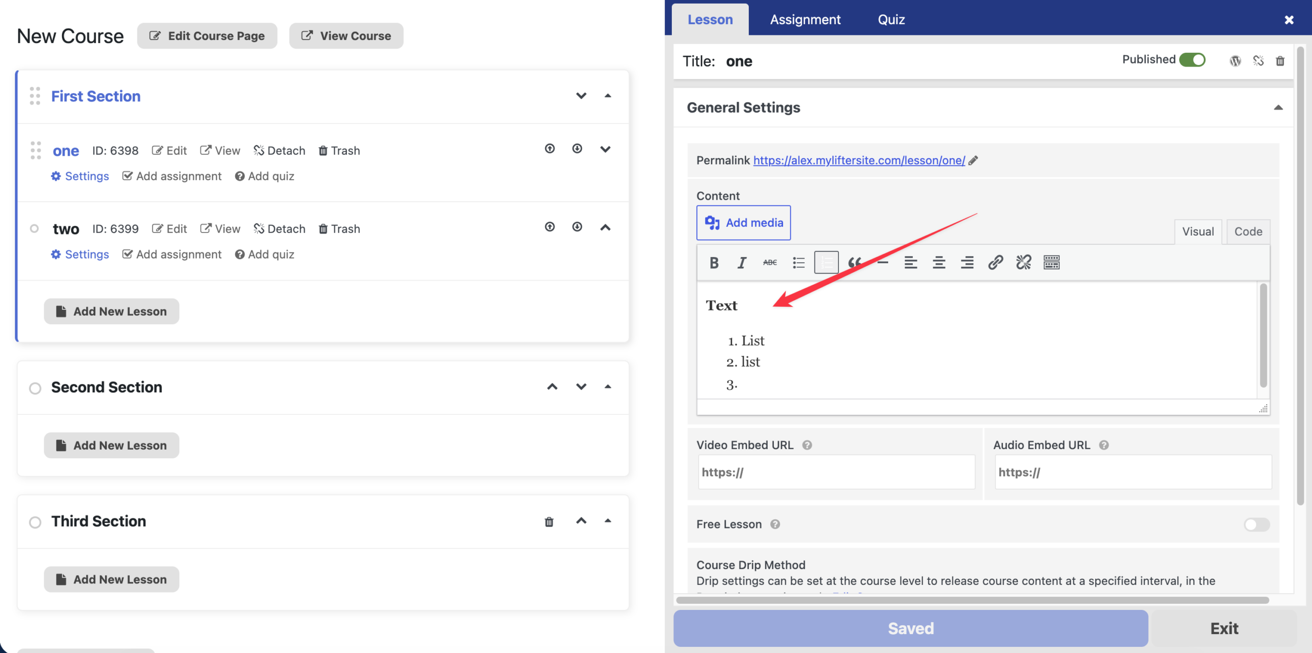 Add course content in LifterLMS Lessons