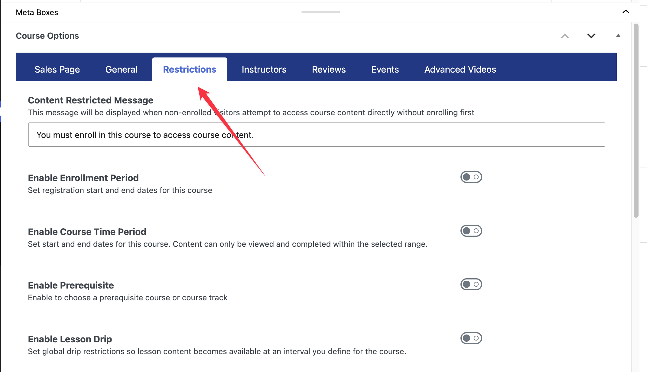 LifterLMS Course restrictions configure