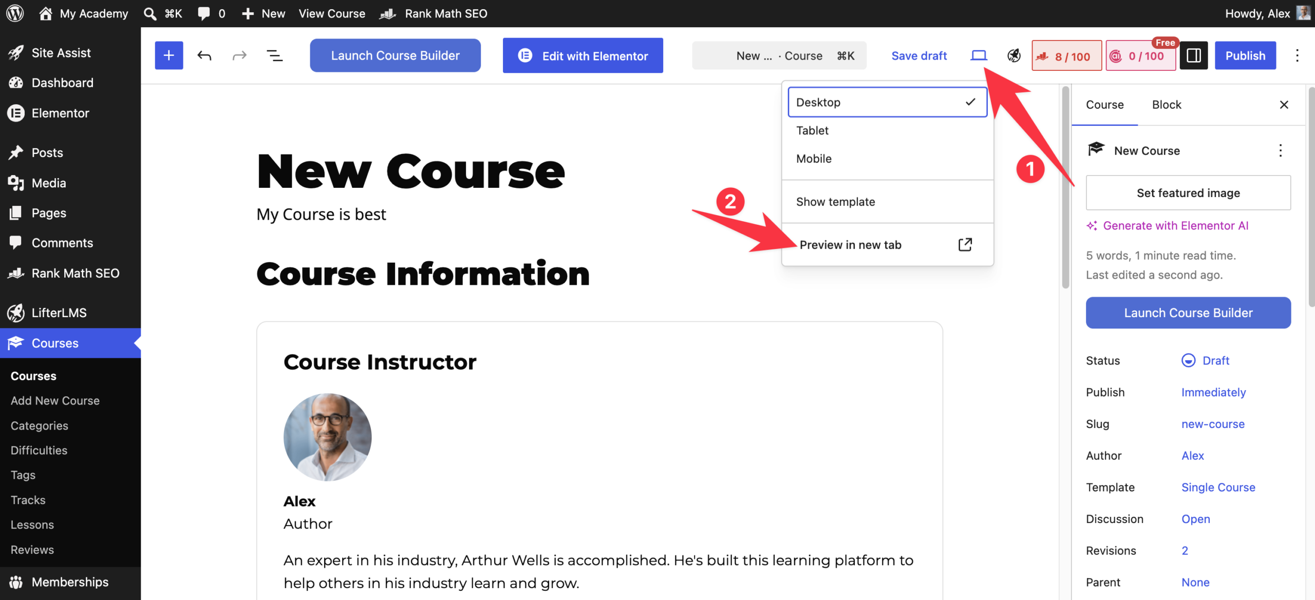 Preview your LifterLMS course in a New tab.