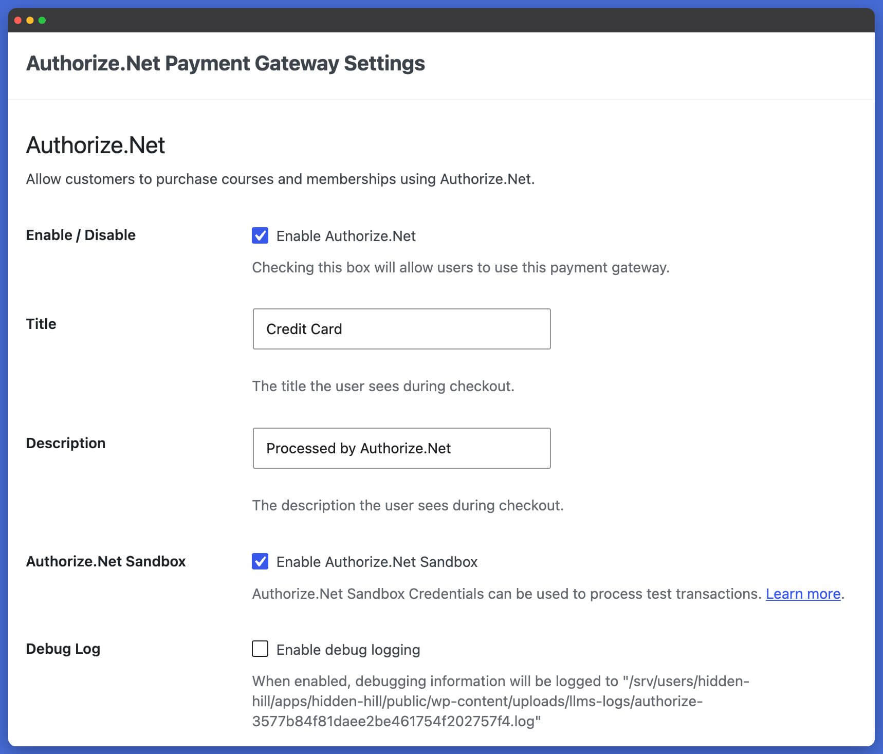LifterLMS Authorize settings