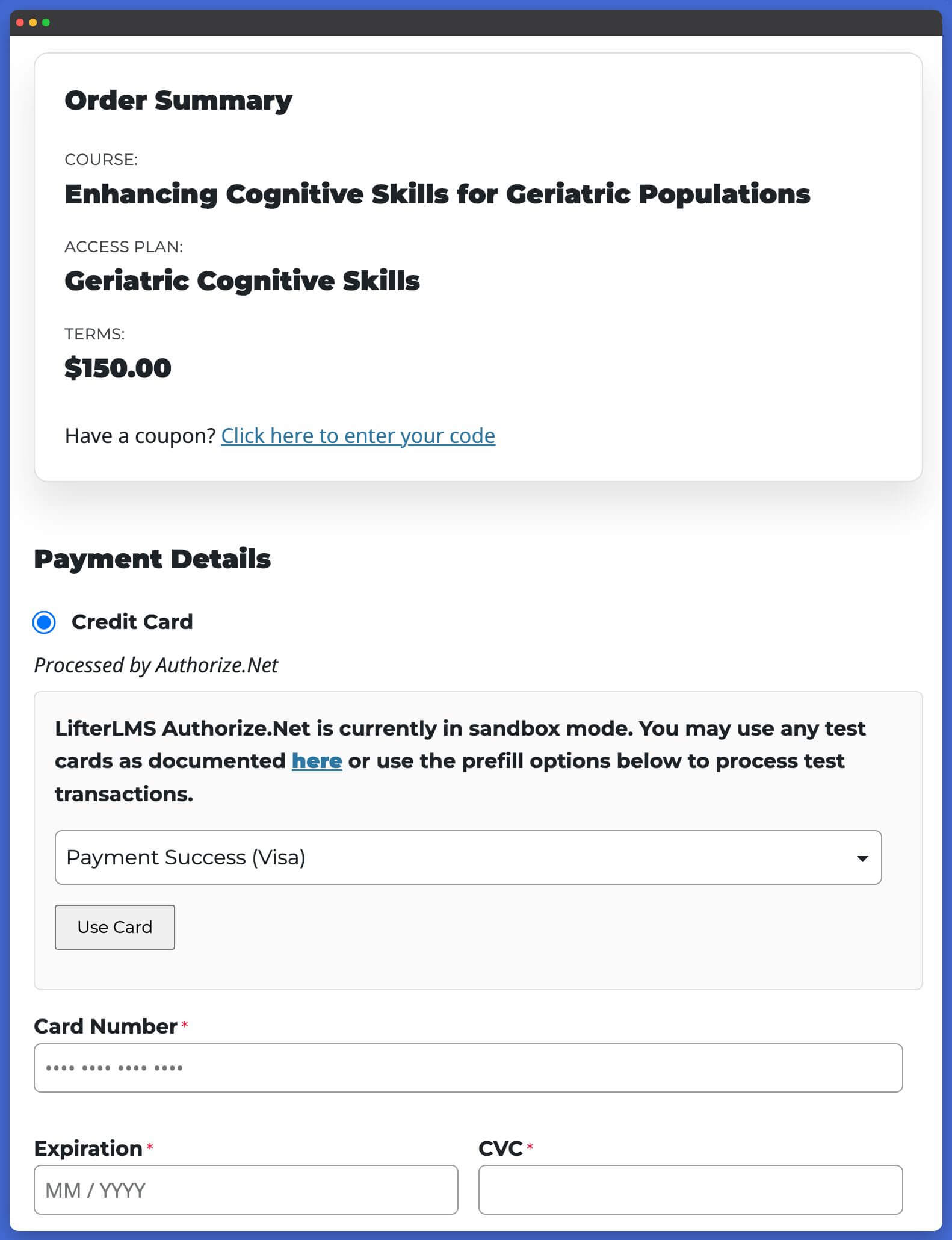 LifterLMS Authorize Checkout