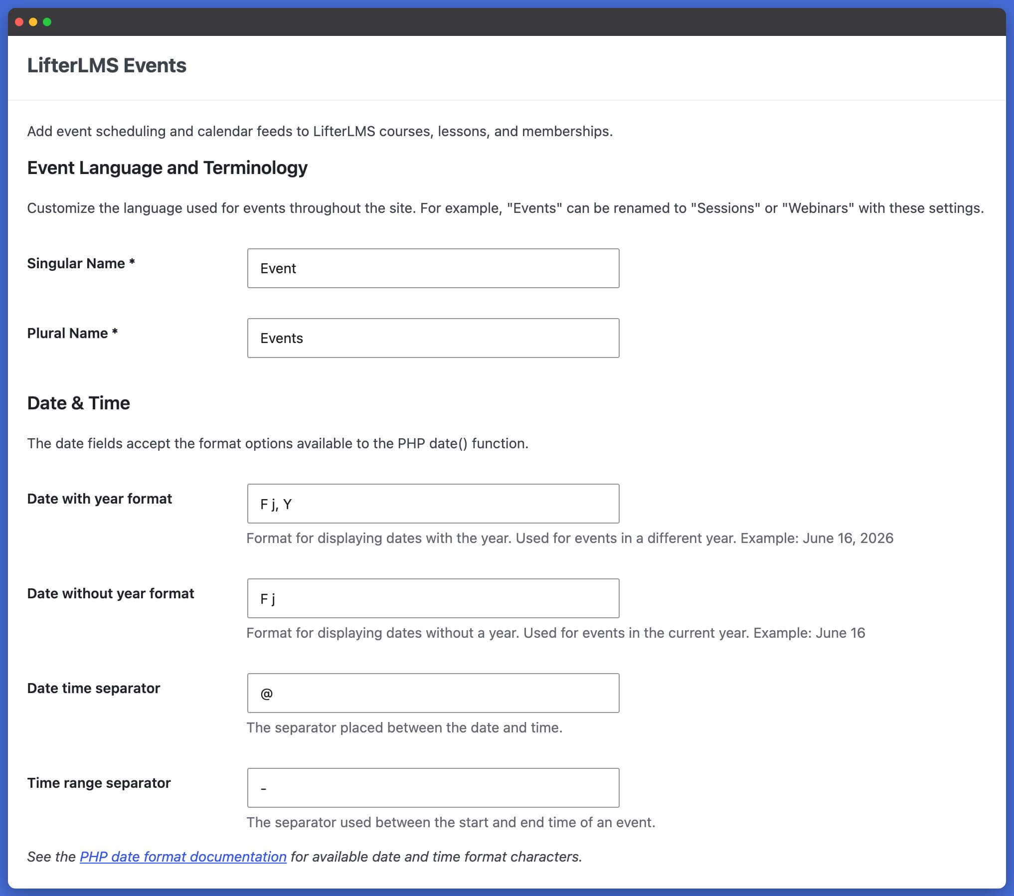 LifterLMS Events Settings