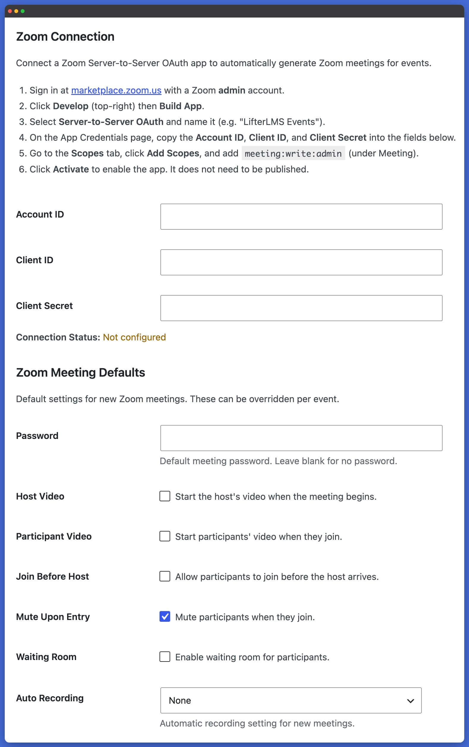 LifterLMS Events Zoom Settings