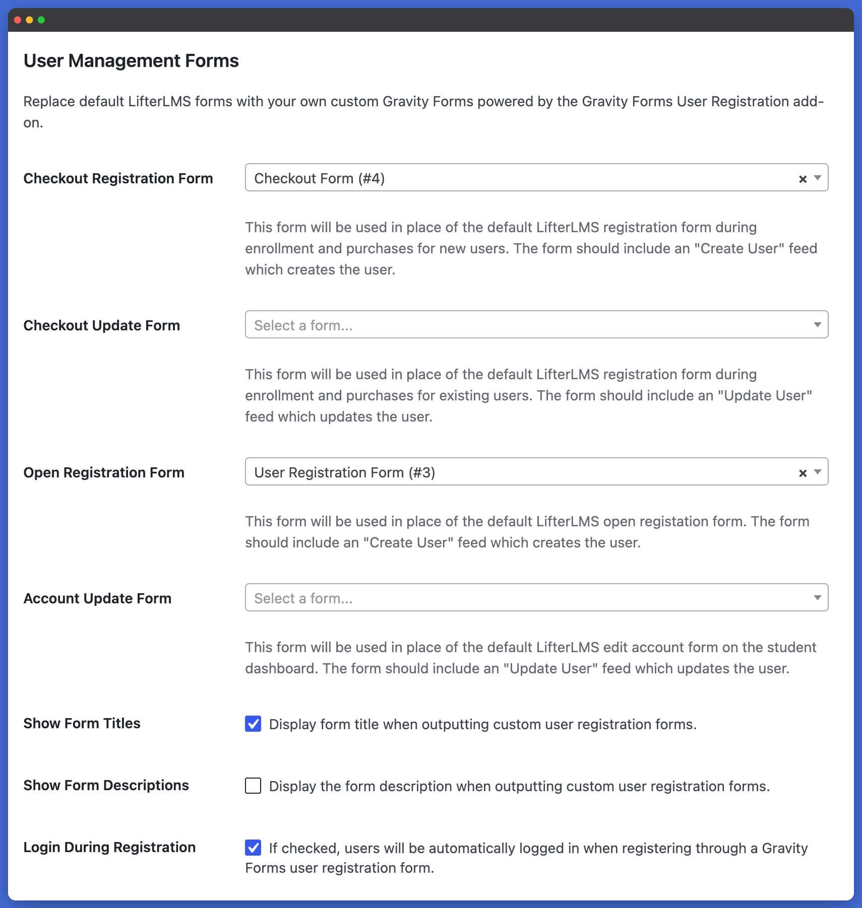 LifterLMS Gravity Form User Management Forms