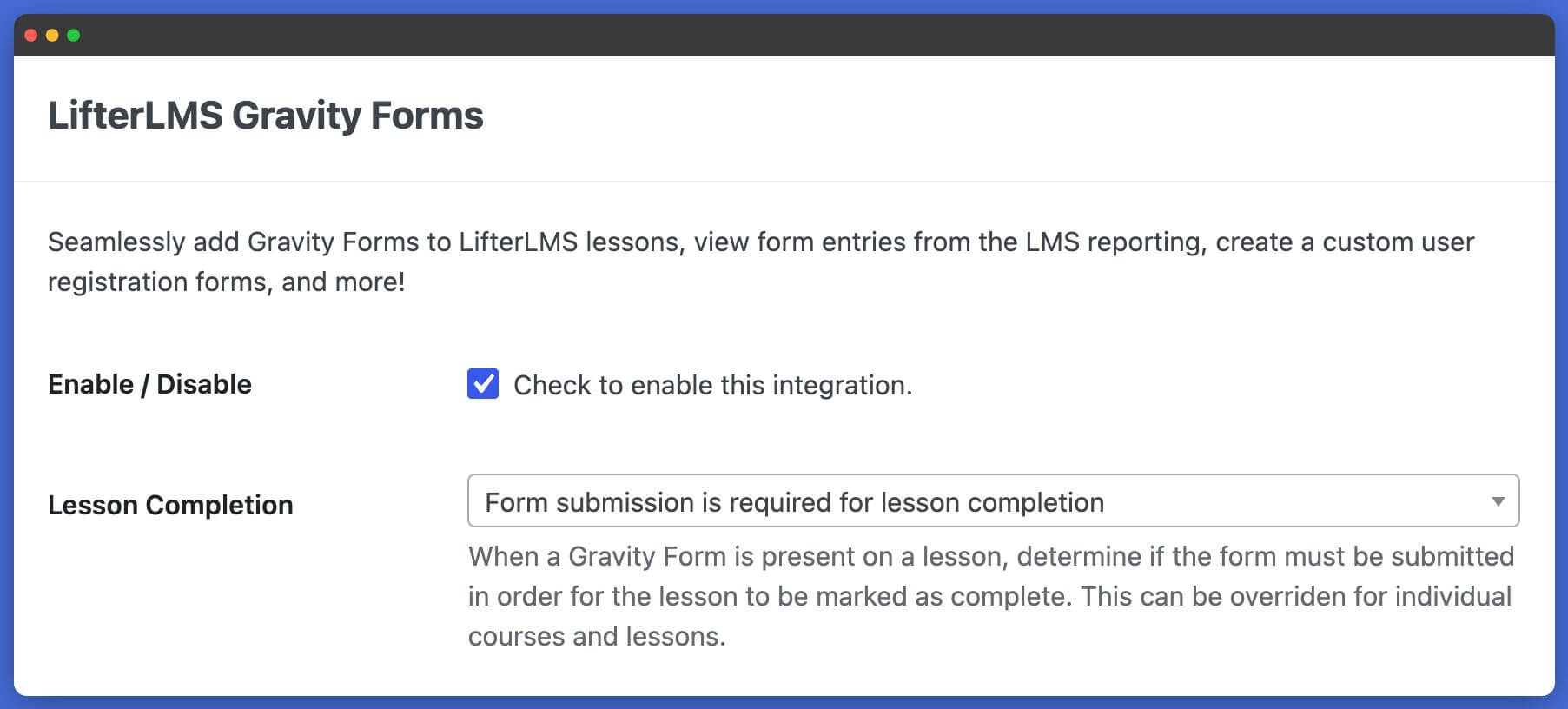 LifterLMS Gravity Forms Settings