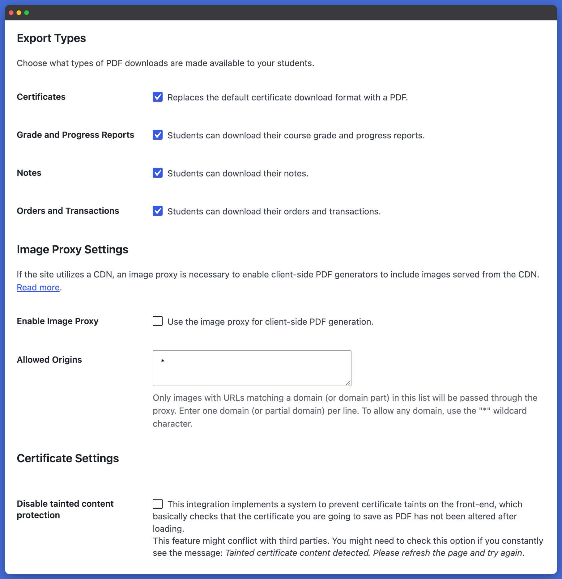 LifterLMS PDFs Export Types Settings