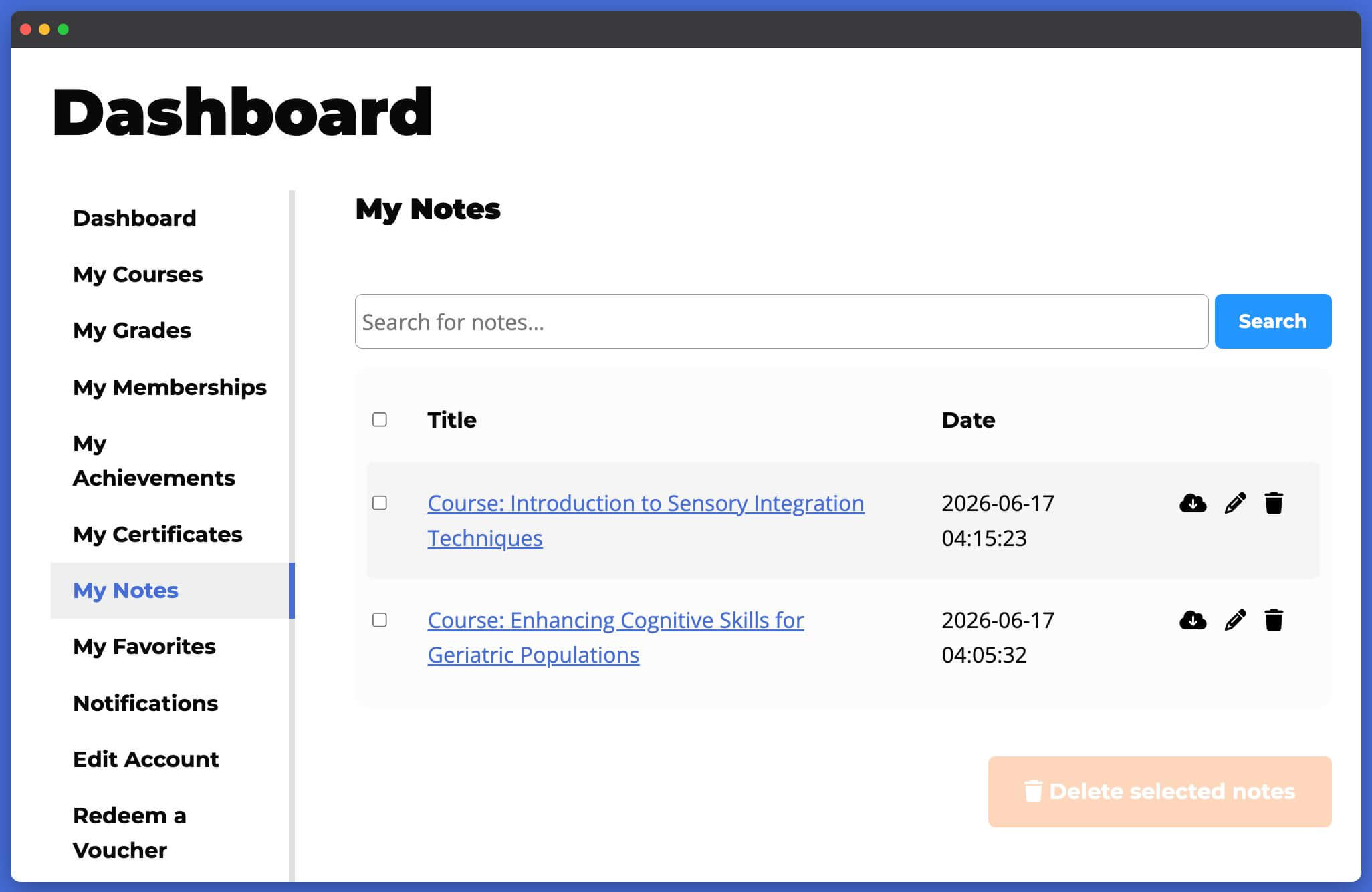 LifterLMS PDFs Notes Dashboard