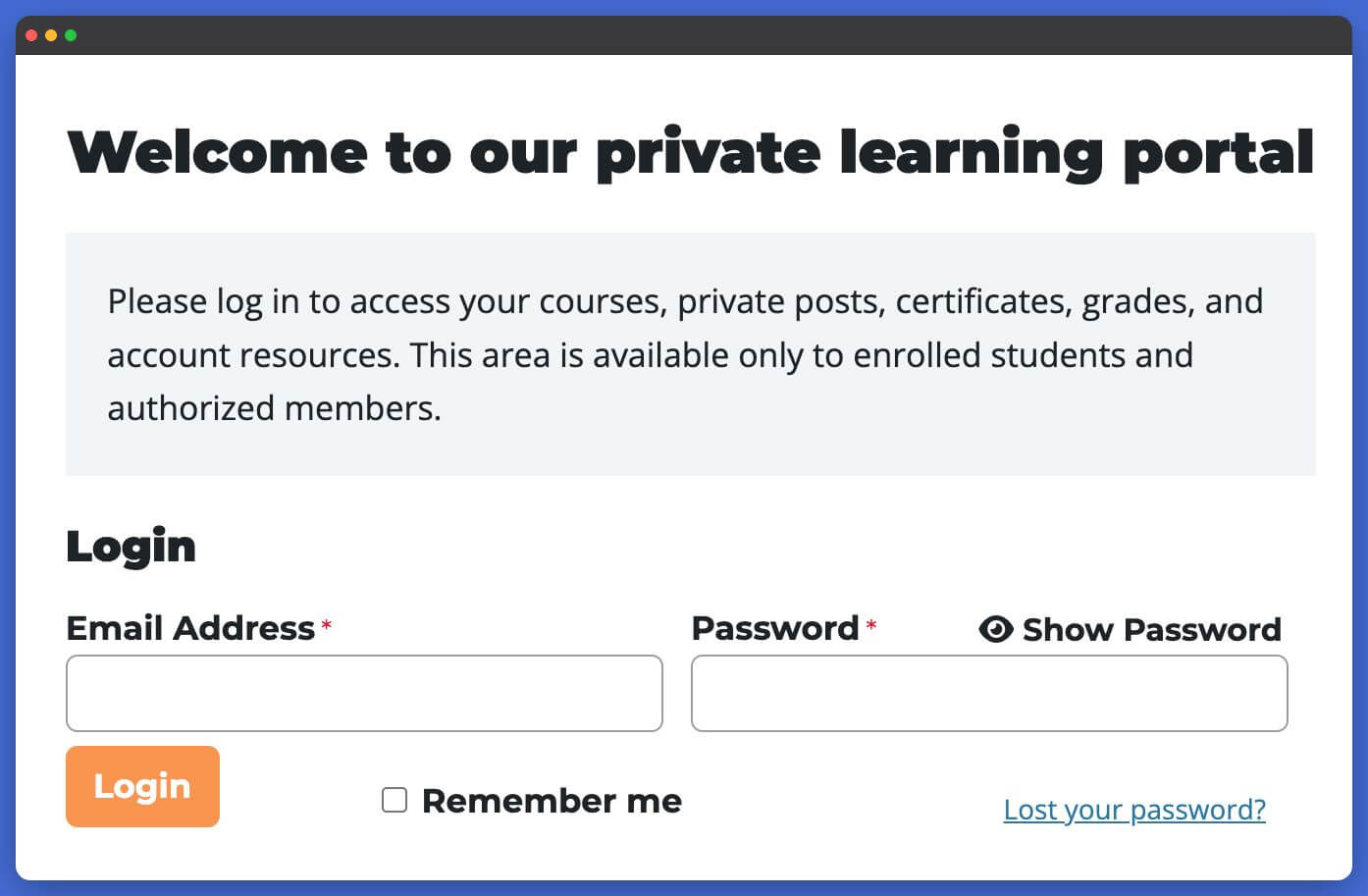 LifterLMS Private Site Login Area Frontend