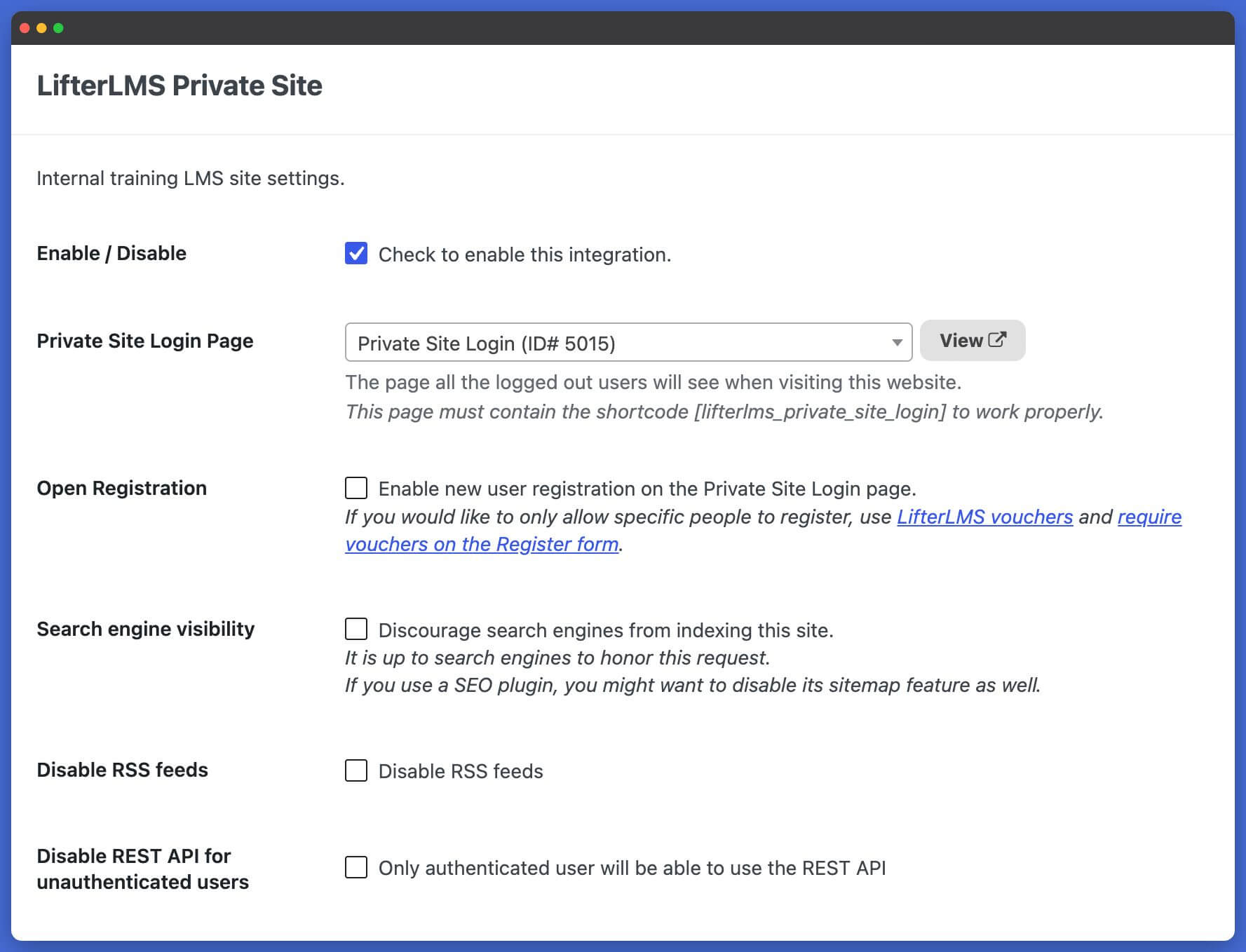 LifterLMS Private Site Settings