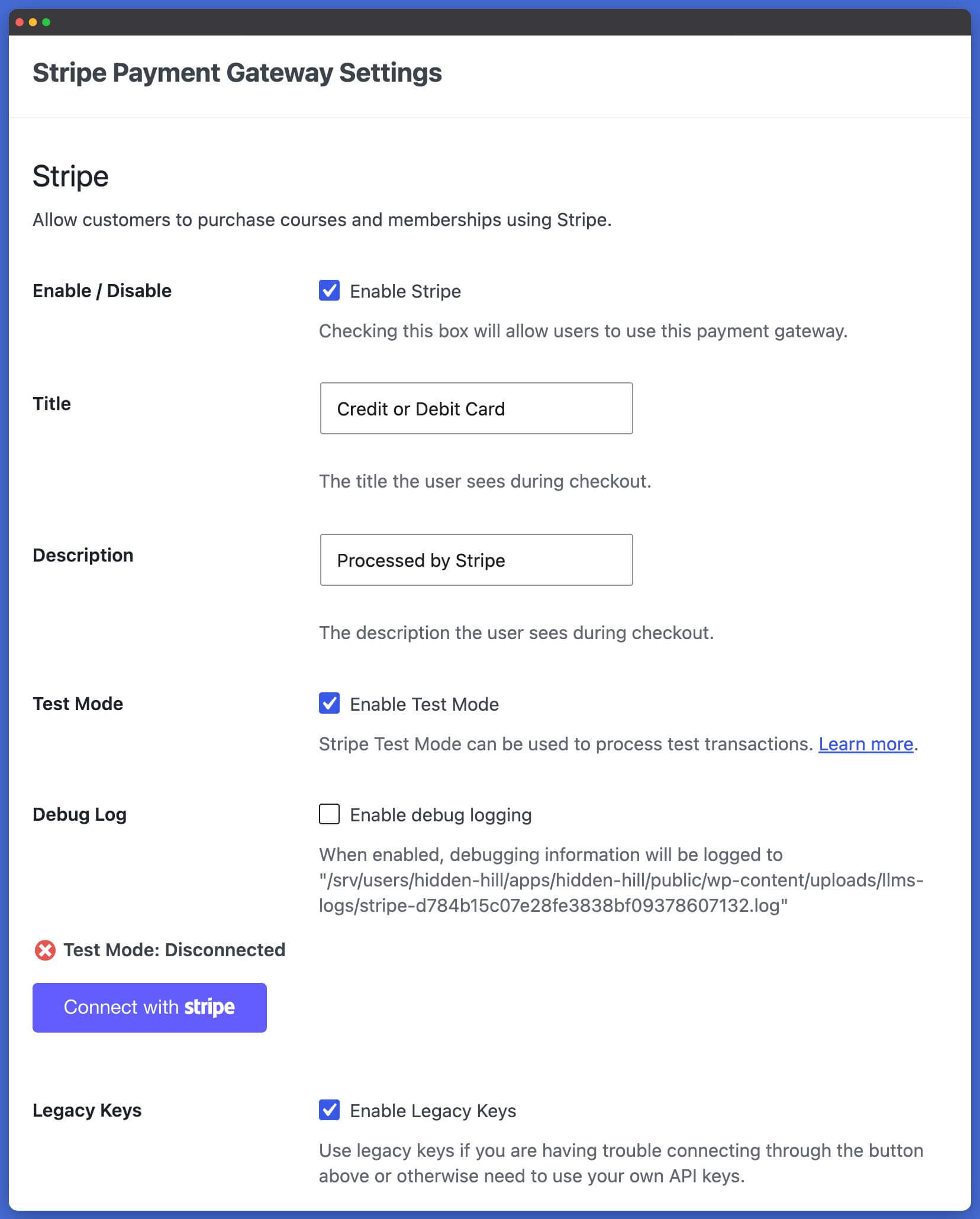 LifterLMS Stripe Settings