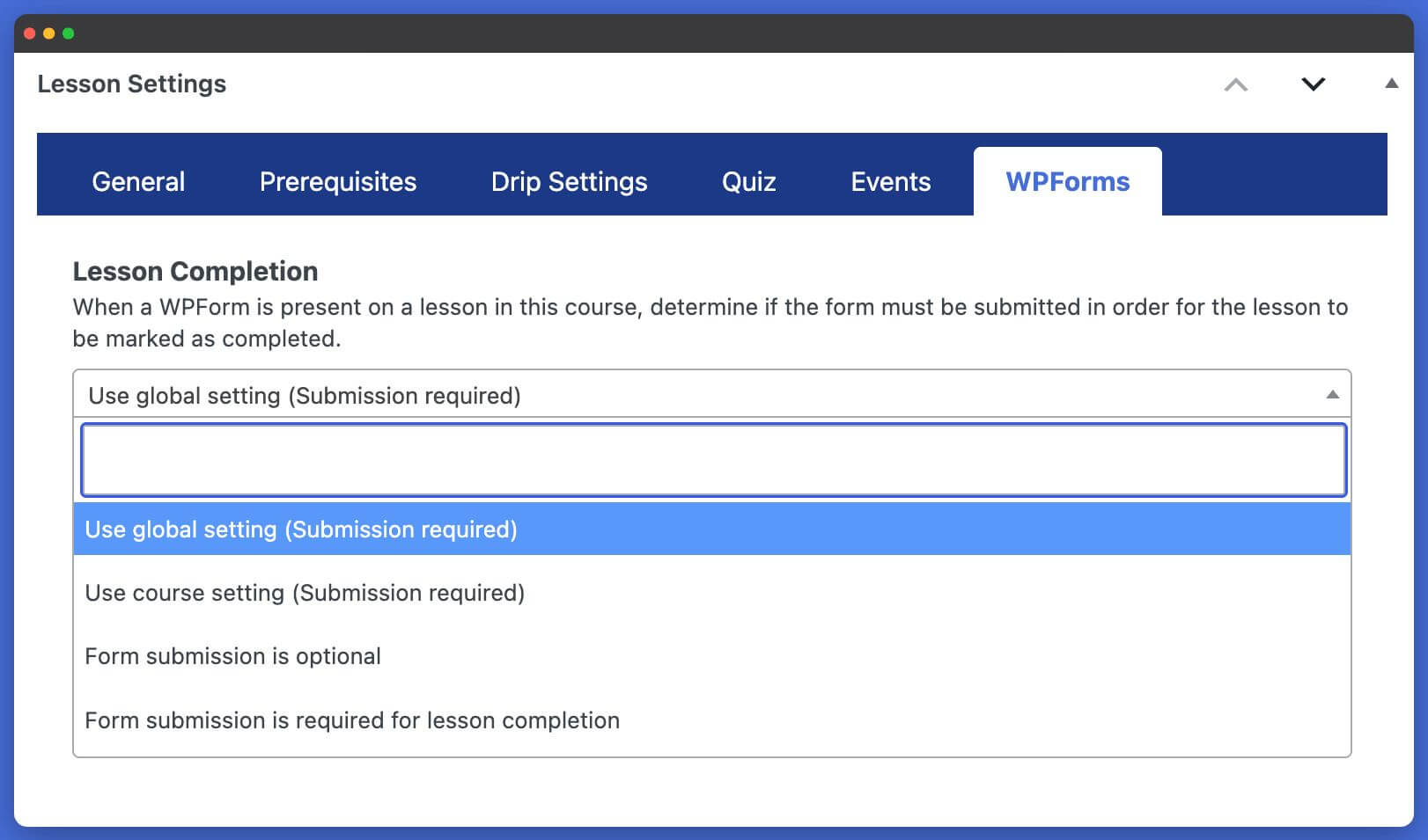 LifterLMS WPForms Lesson setting