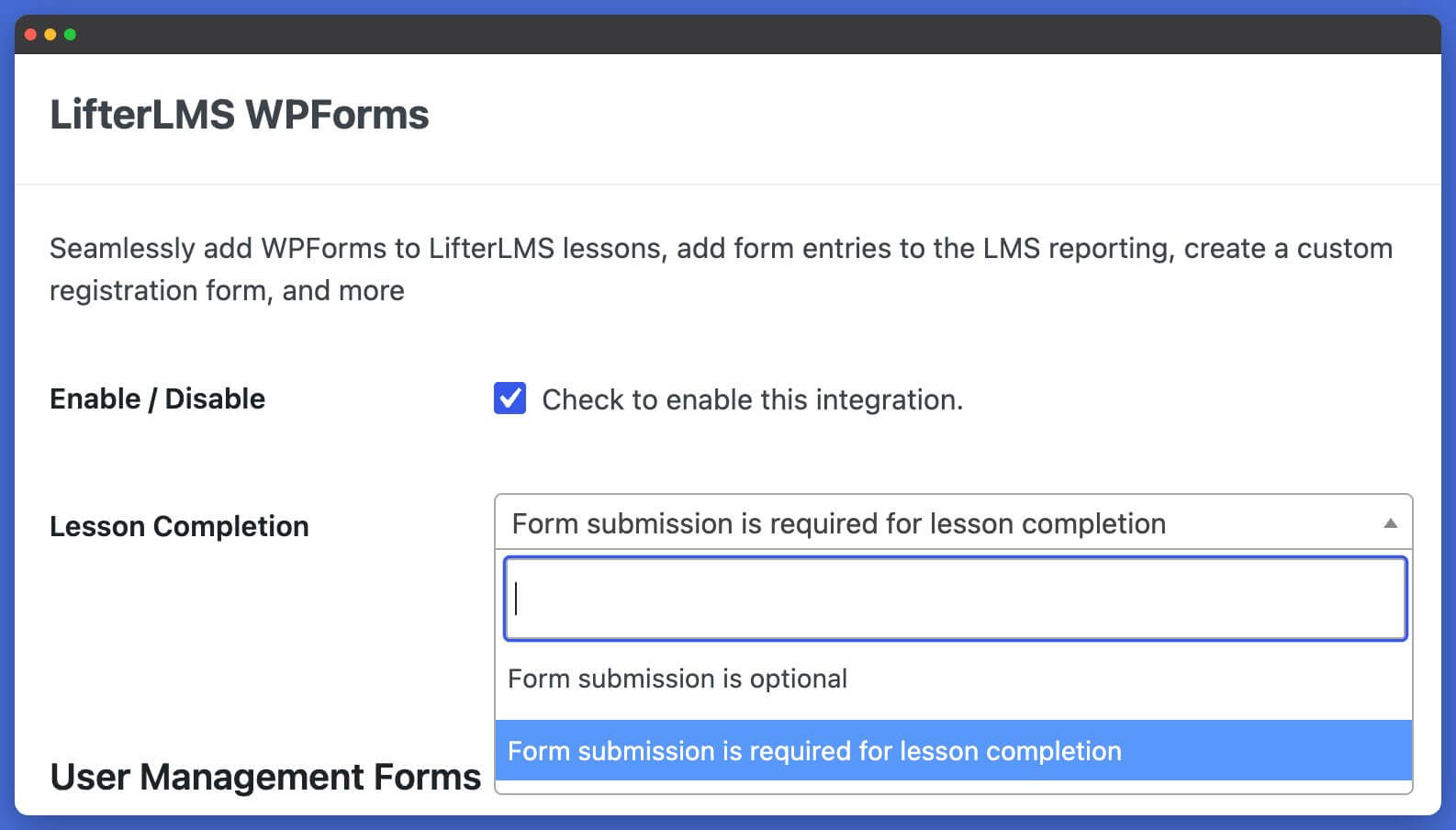 LifterLMS WPForms Setting