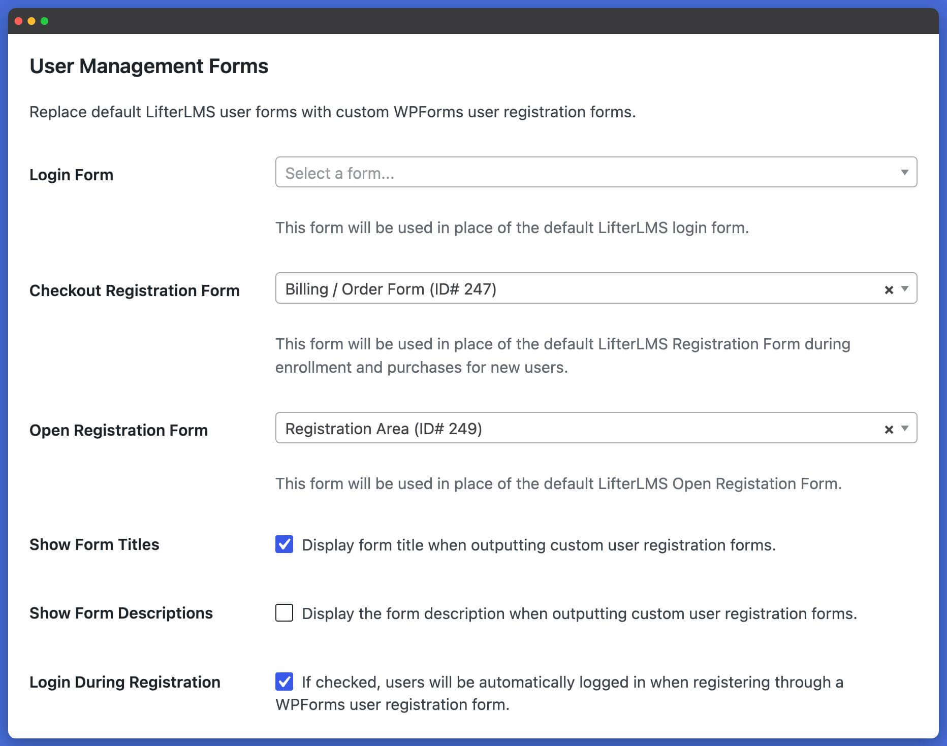 LifterLMS WPForms User Management