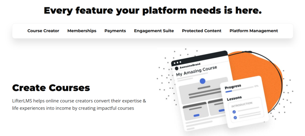 LifterLMS course platform showing course creation, memberships, payments, learner engagement and platform management features.