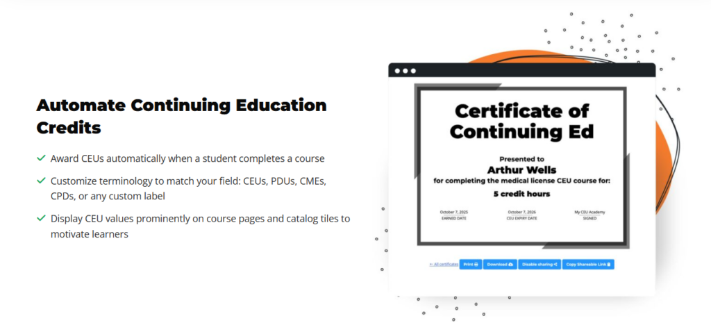 LifterLMS Continuing Education add-on showing automatic credit awards and a continuing education certificate.