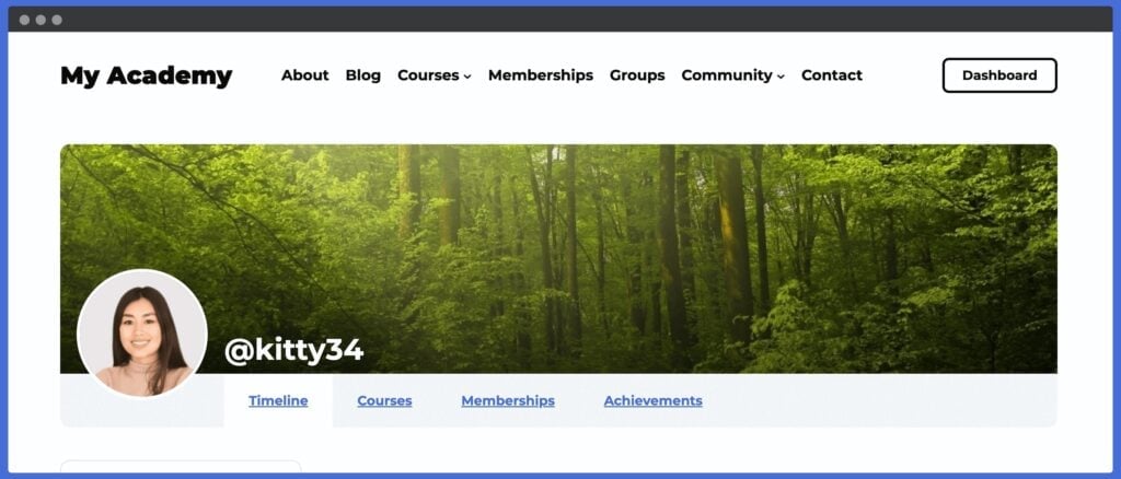 Custom learner profile header with links to the timeline, courses, memberships, achievements, and dashboard.