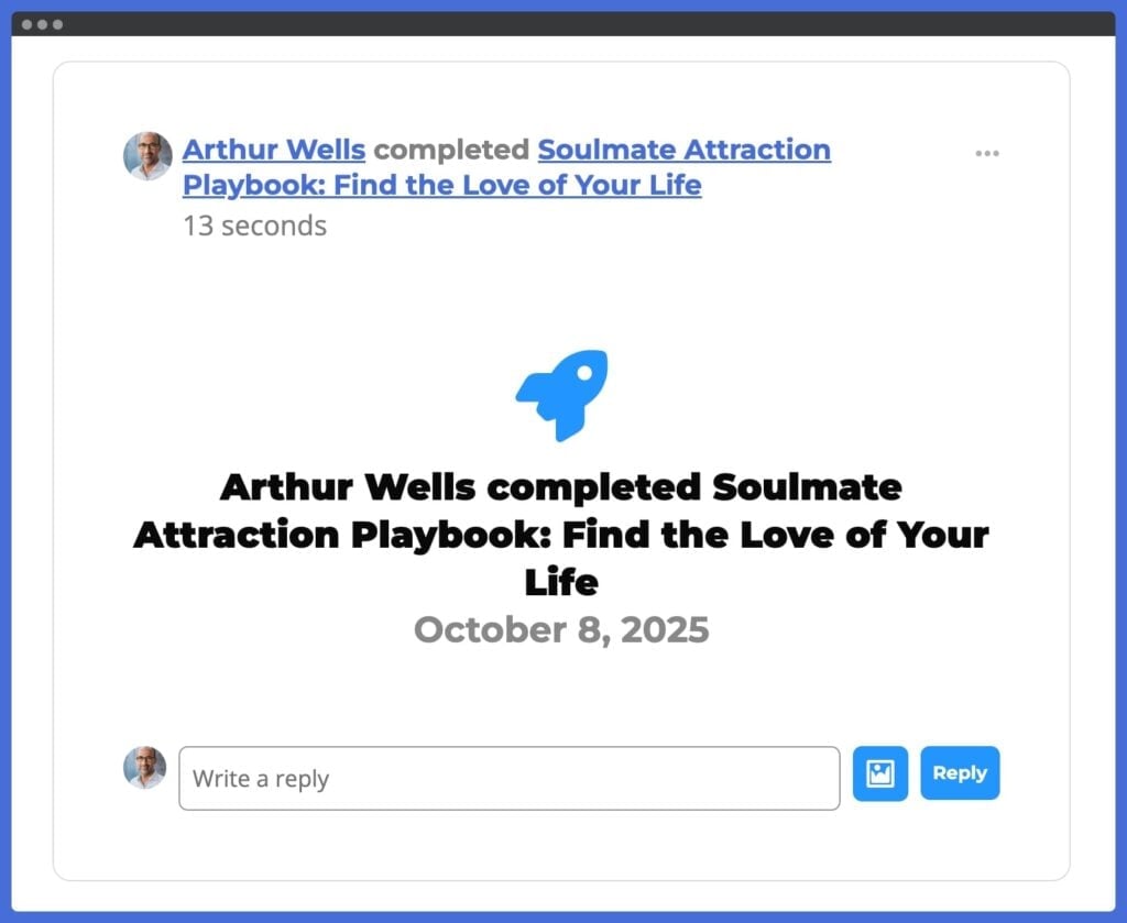 Automatic activity-feed post celebrating a learner completing a course, with options for members to reply.