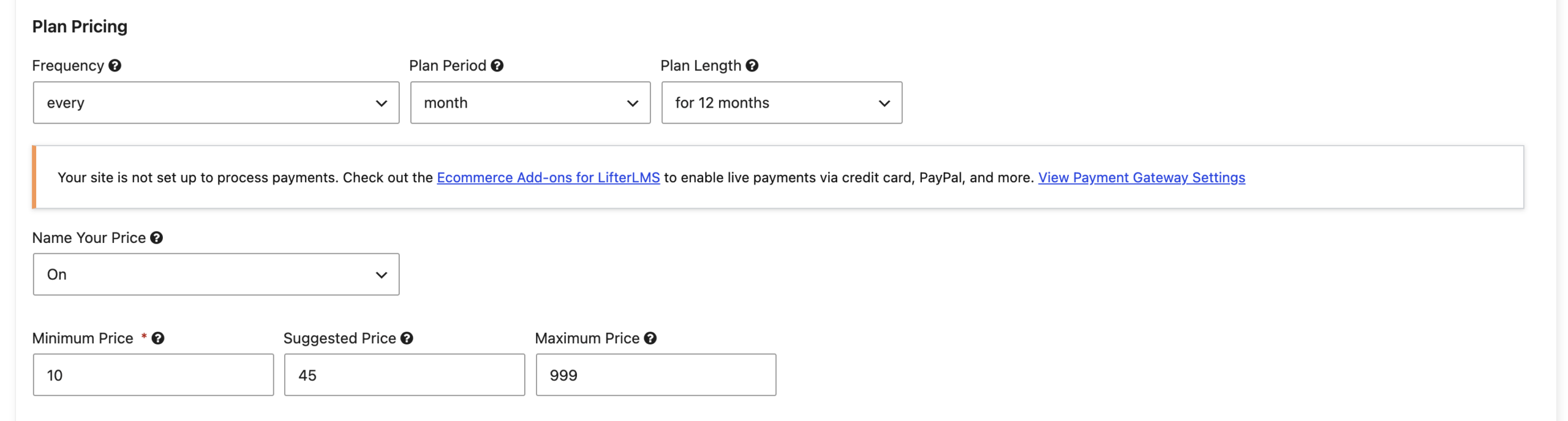 Name your price configuration
