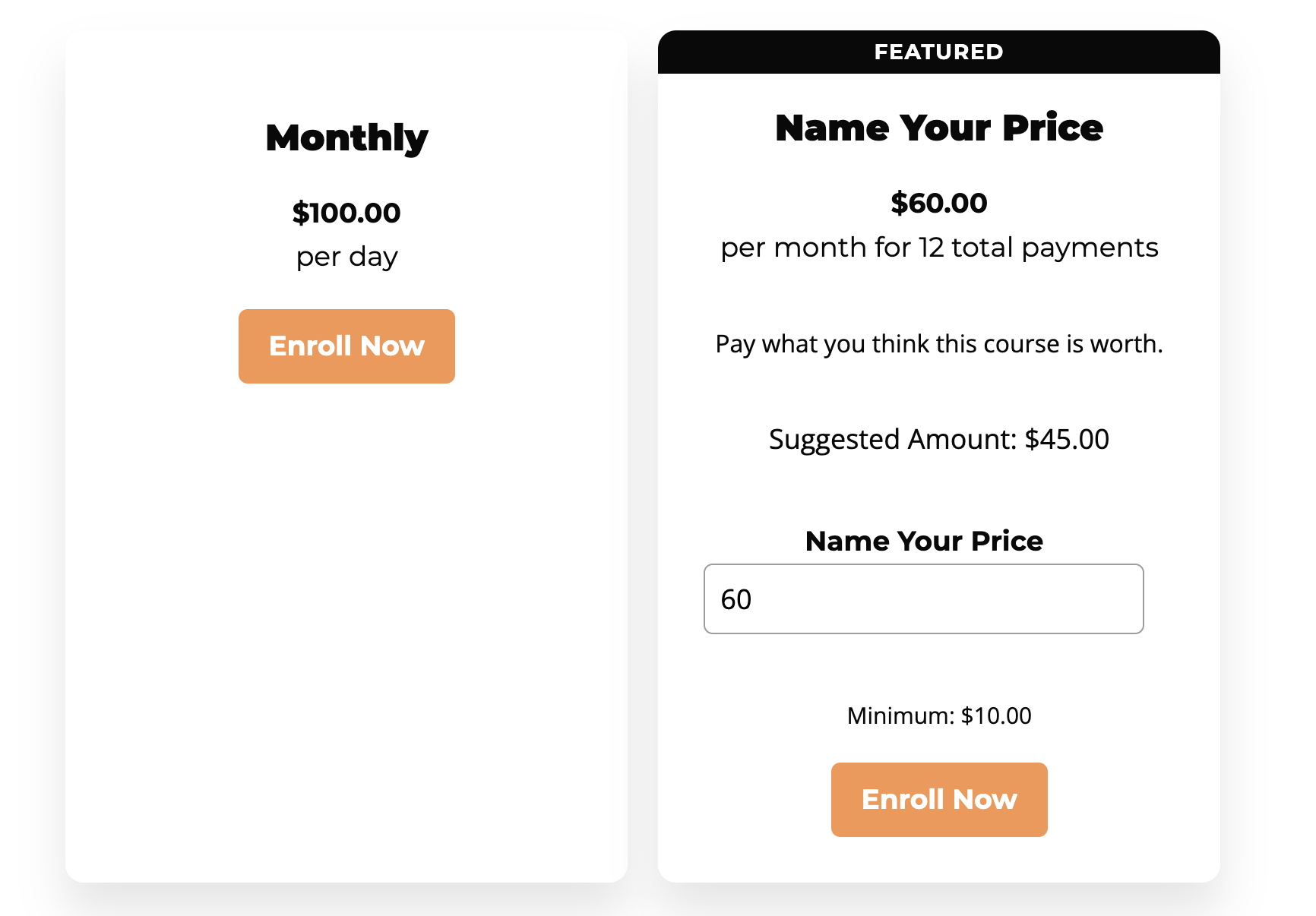 Name Your Price frontend cards.