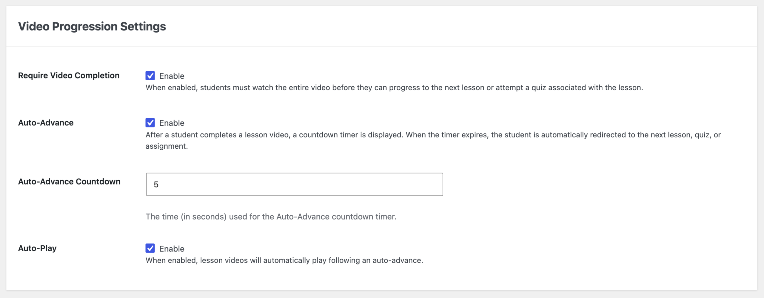 LifterLMS video Progression settings