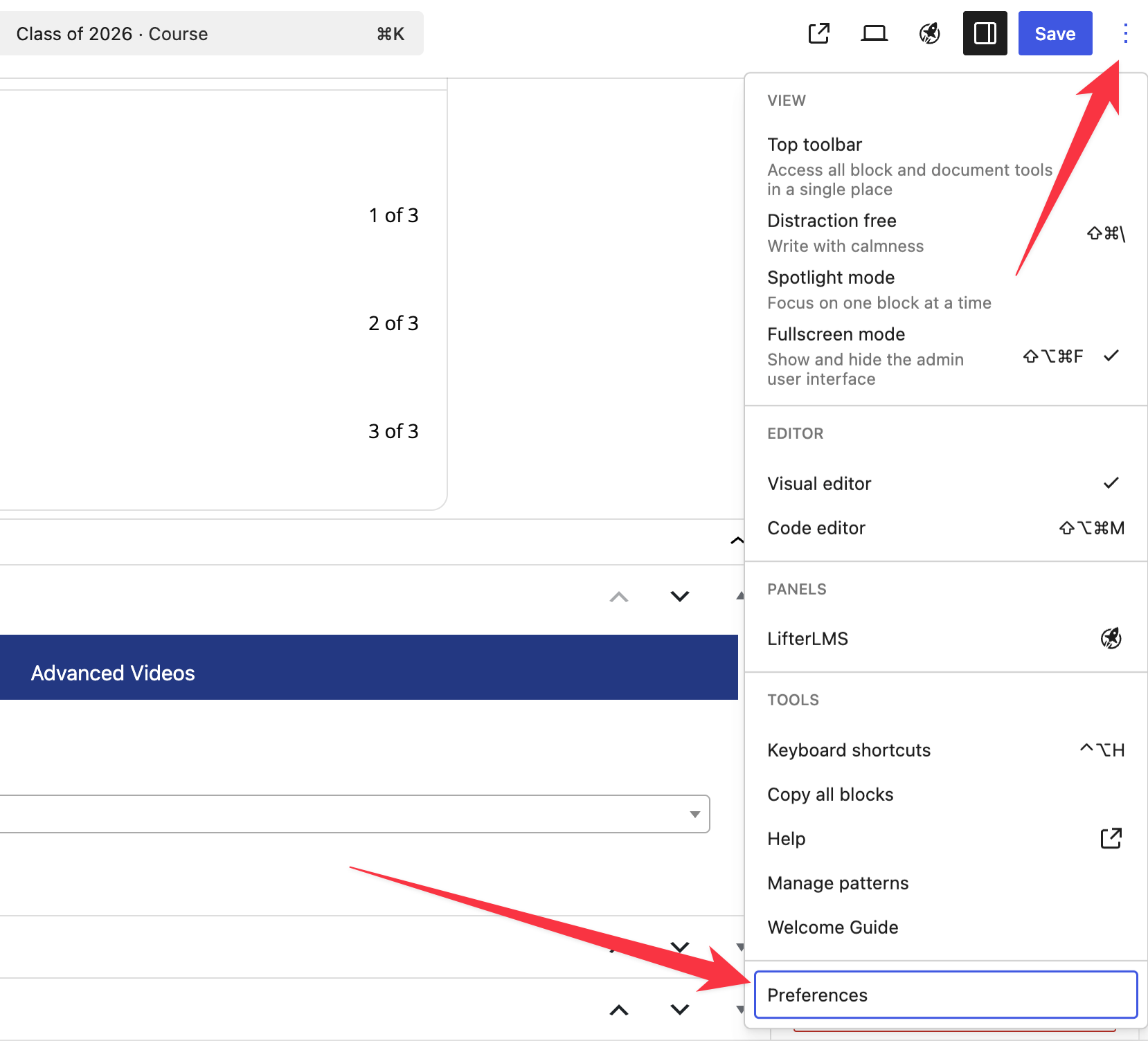 WordPress prefrences menu