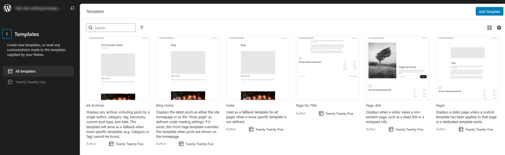 WordPress Site Editor showing available website templates